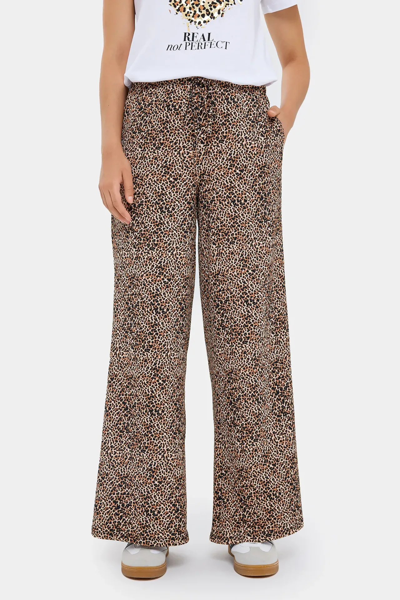 Animal Printed Wide-Leg Trousers with Lace-Up Detail