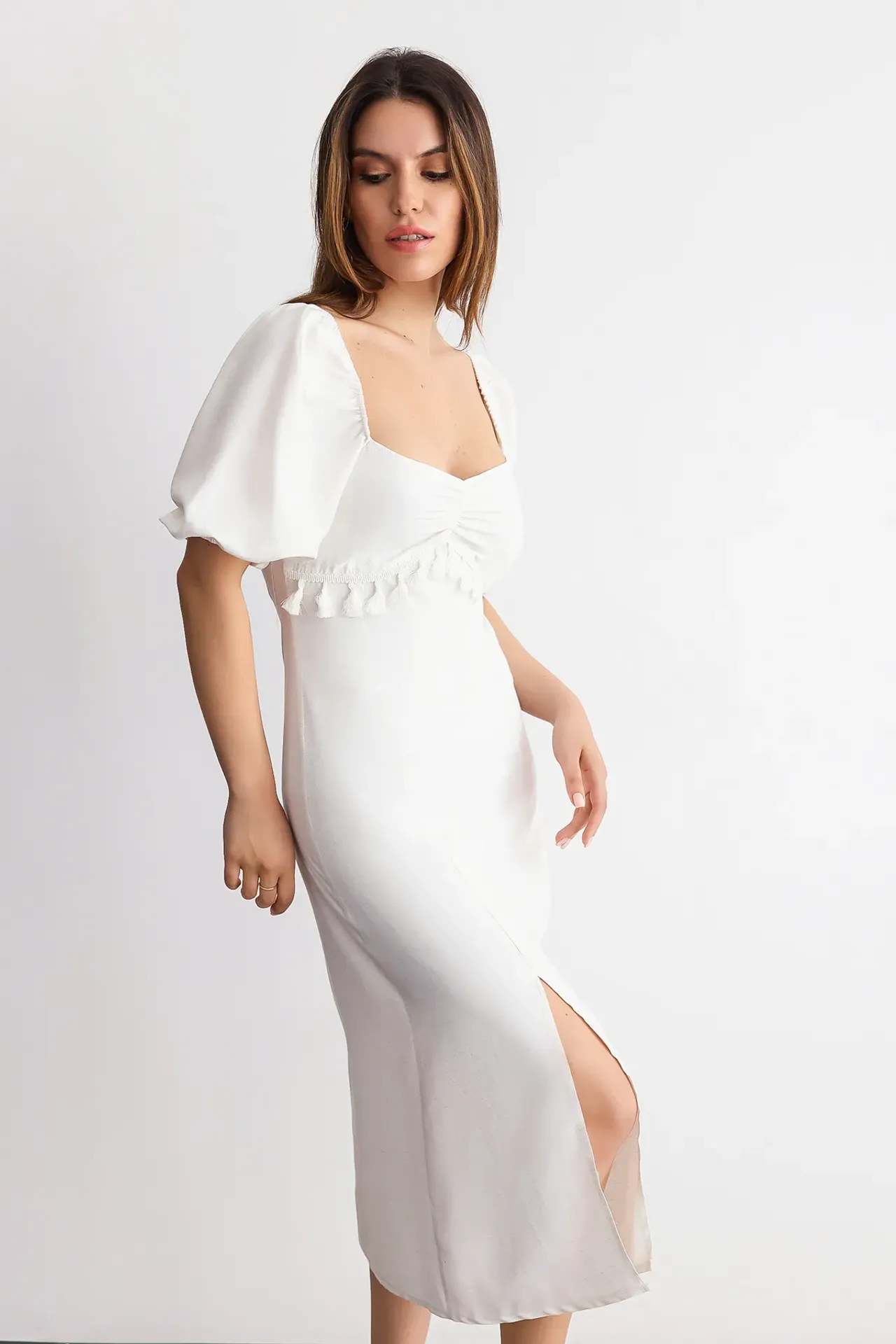 Sweetheart Neck Puff Sleeve Midi Dress with Side Slits and Tassel Detail