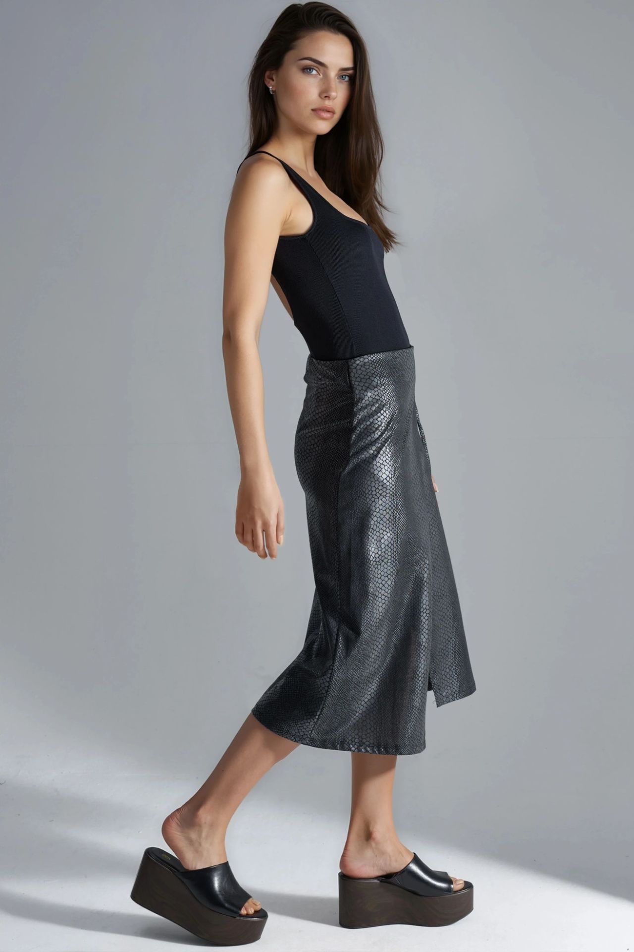 BUSEM Faux Leather Midi Skirt with Bow Detail 4
