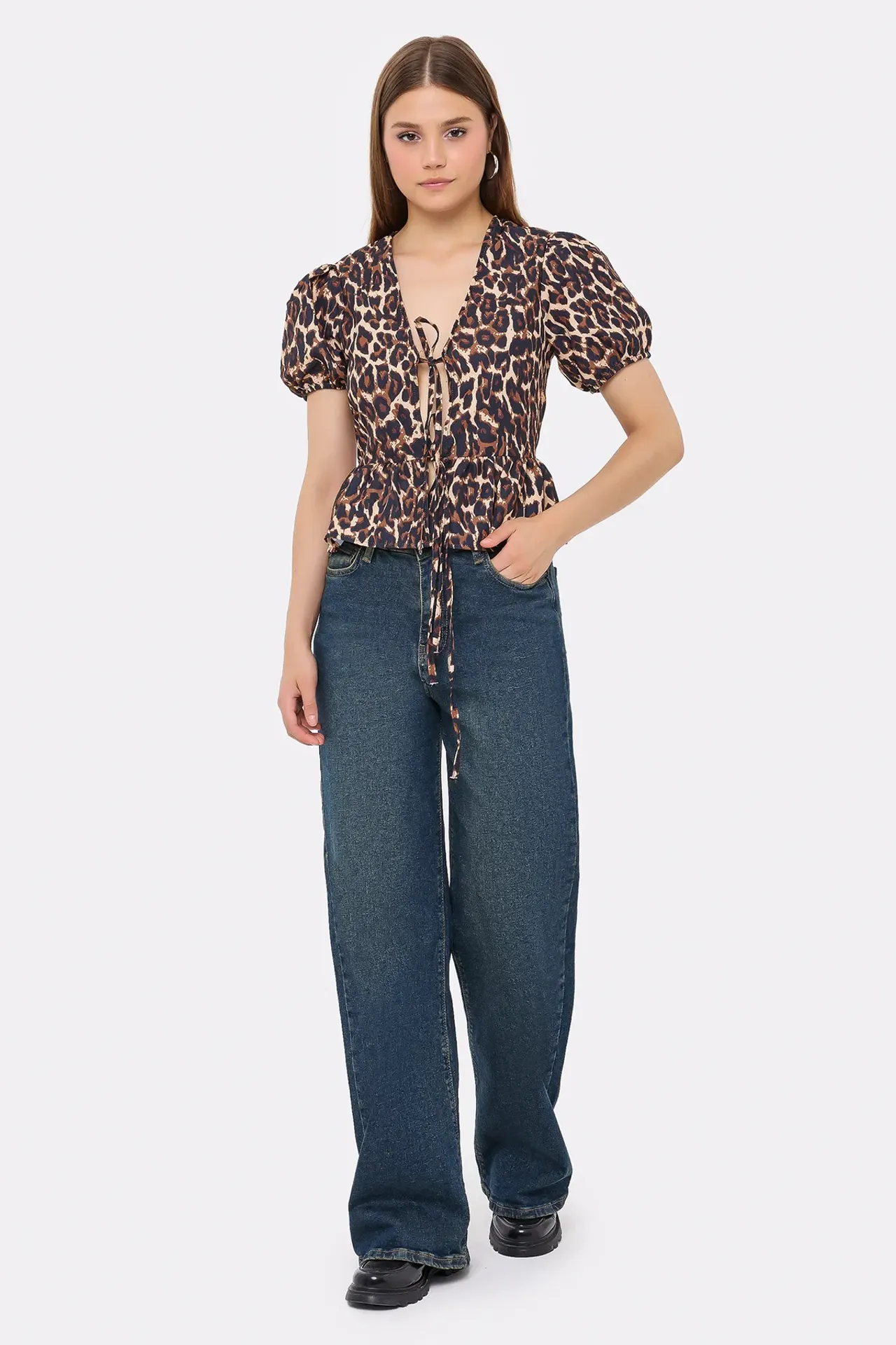 Animal Print Balloon Sleeve Blouse with Tie Front