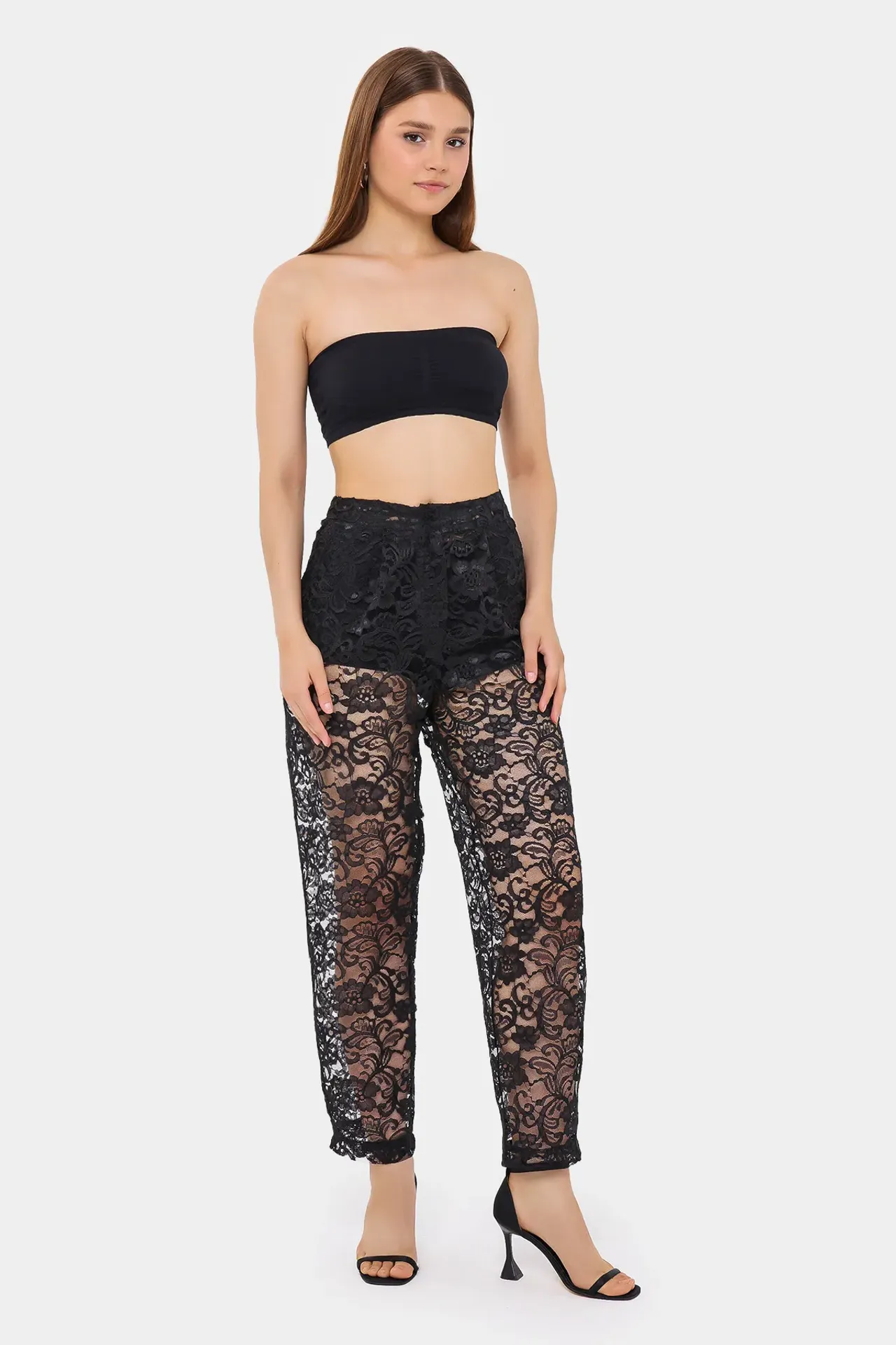 High-Waist Lace Trousers with Mesh Detail