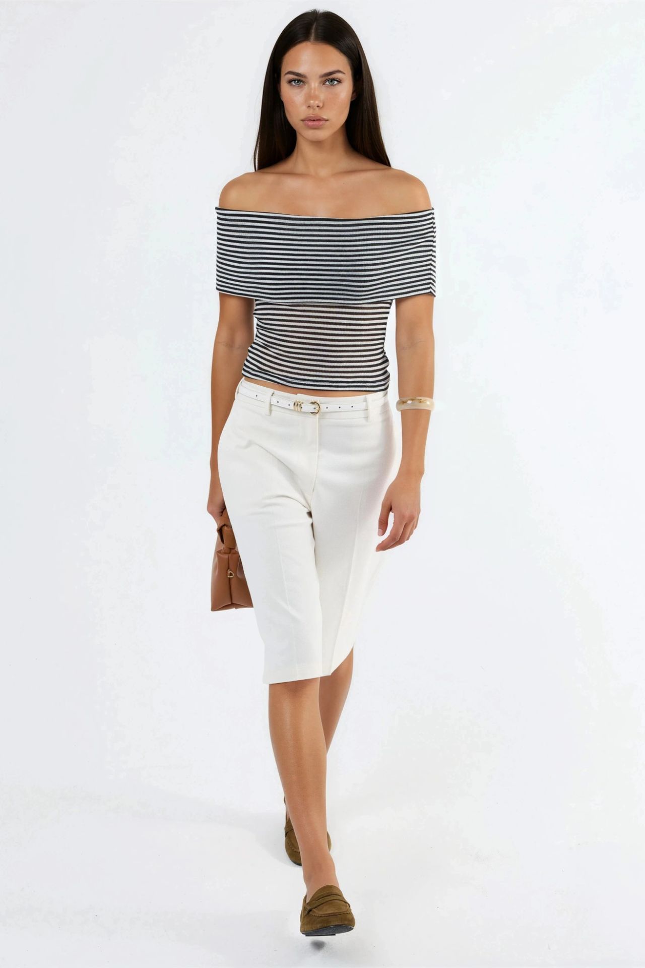 BUSEM Striped Off Shoulder Crop Blouse 4