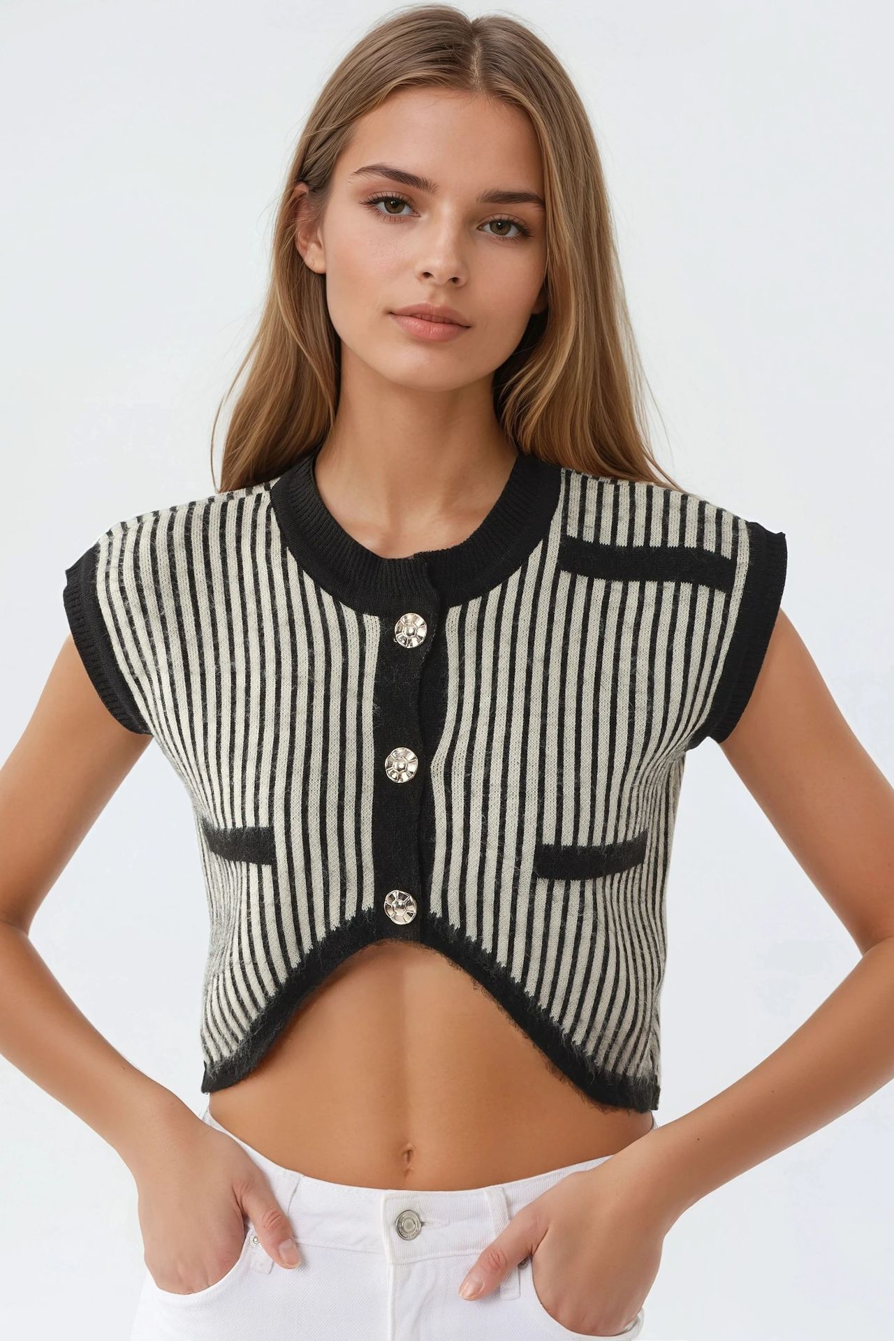 MY FASHION Striped Ribbed Knit Crop Top with Button Closure 6