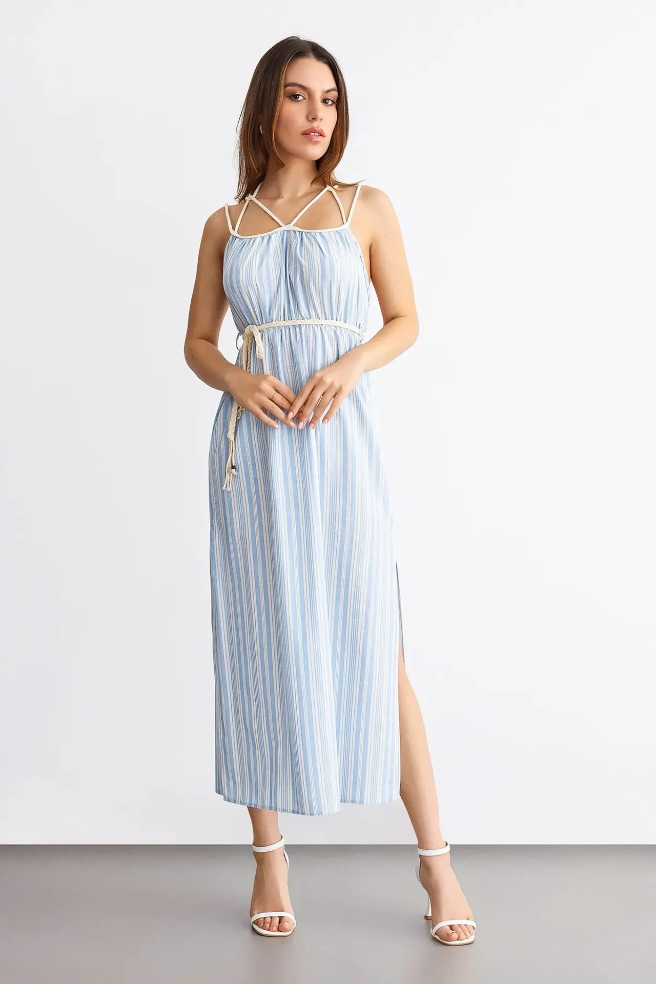 Striped Tie-Front Spaghetti Strap Maxi Dress