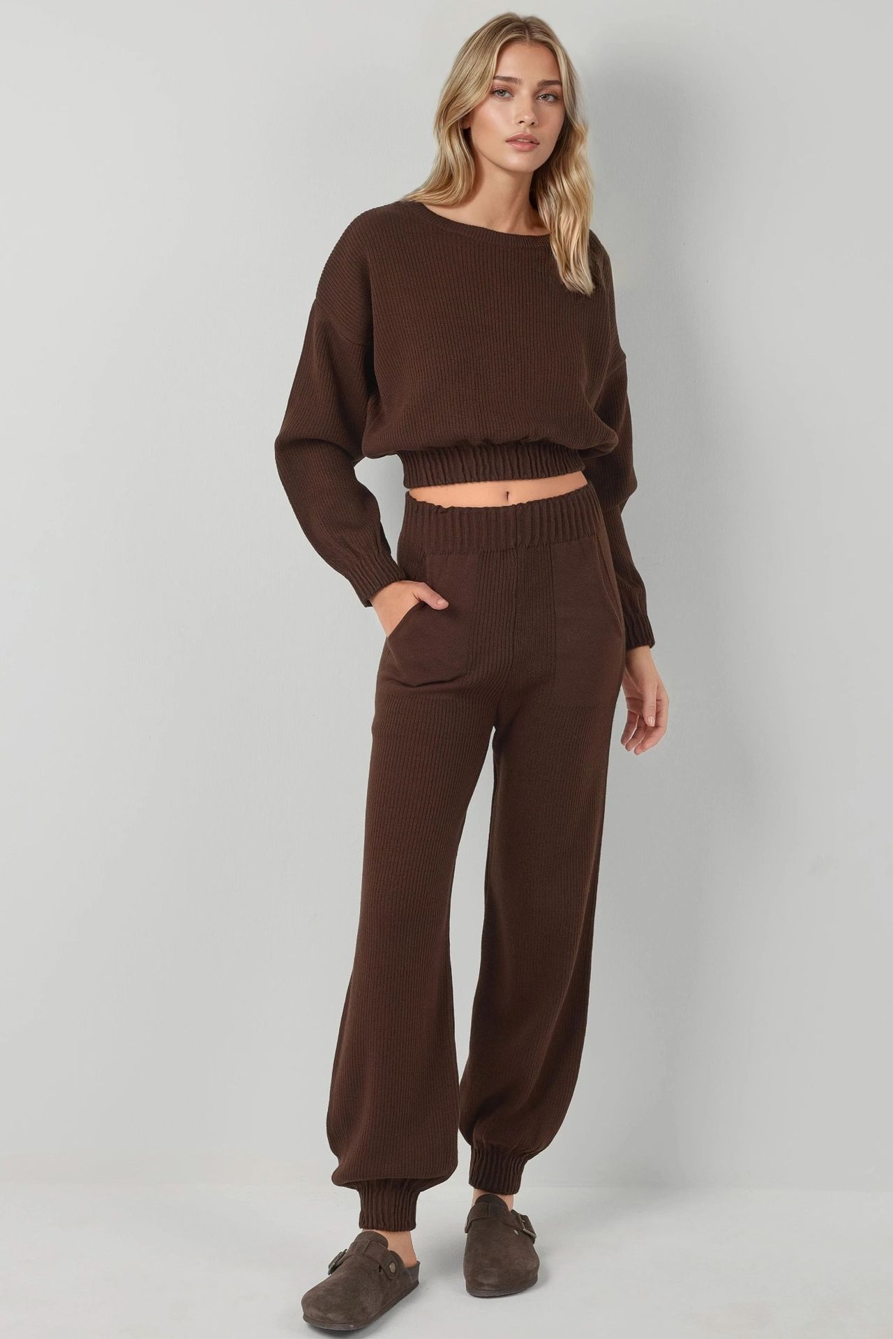 MY FASHION Ribbed Cropped Crew Neck Sweater & Elastic Cuff Pants Knit Co-Ord Set 1