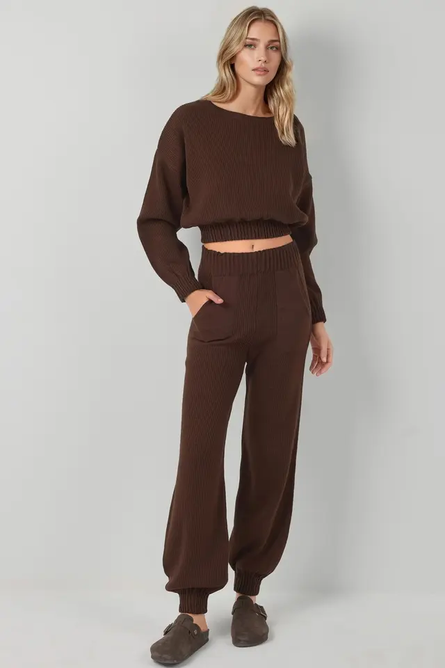 MY FASHION Crop Kazak & Lastikli Paça Pantolon Triko Takım