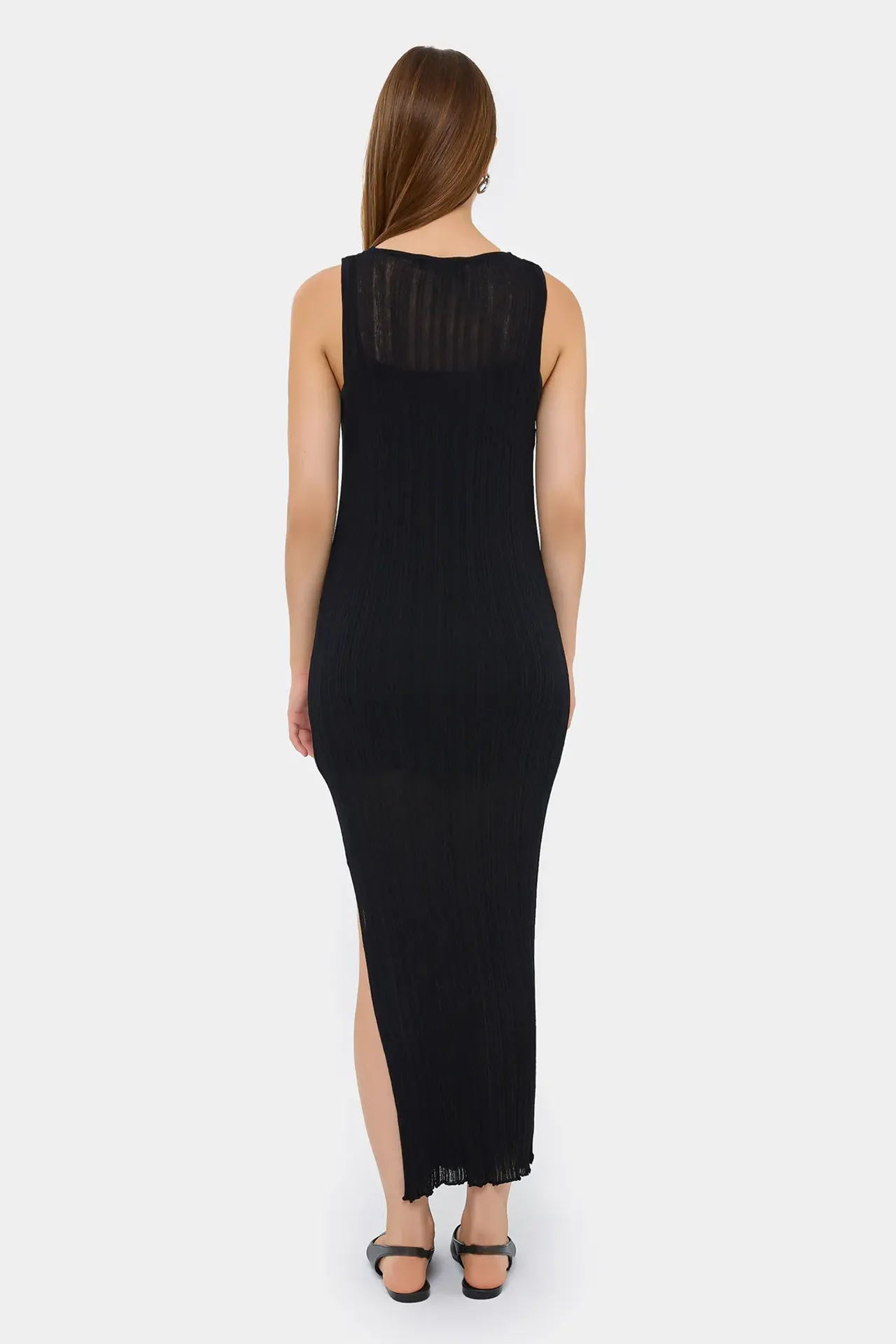 Sleeveless Knitted Textured Midi Dress with Side-Slit