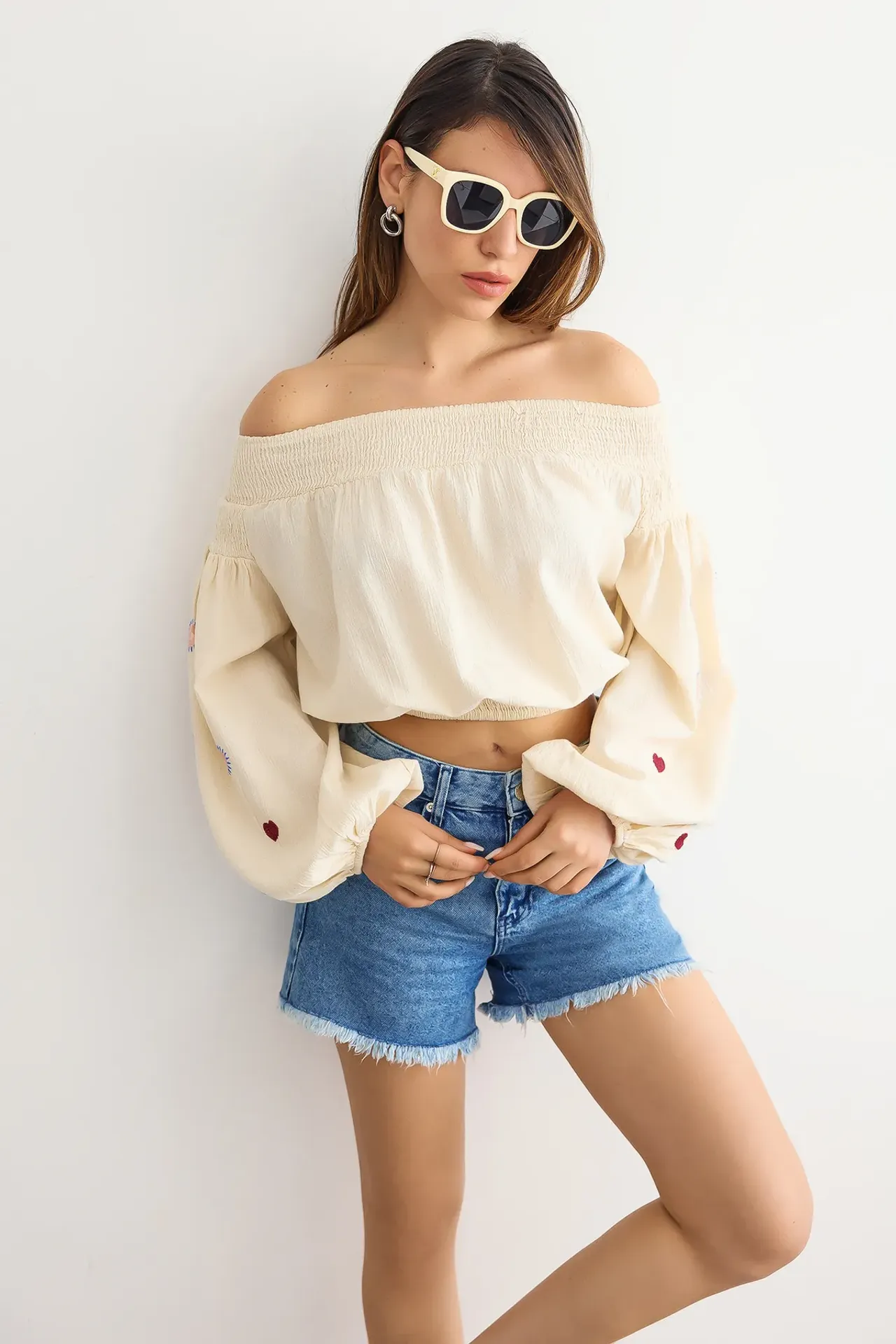 Off-Shoulder Woven Long Sleeve Top