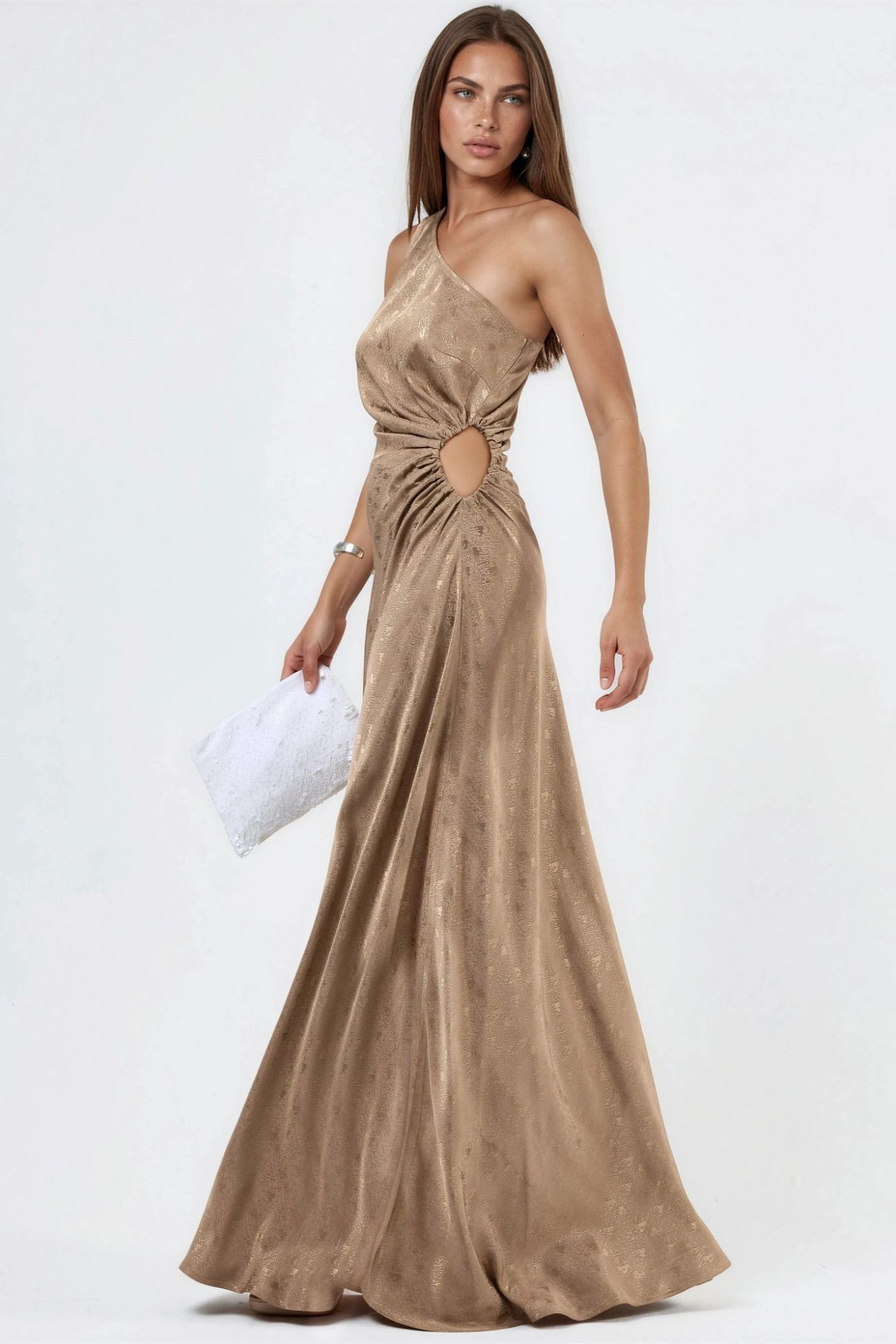 Patterned One-Shoulder Satin Dress with Cut-Out Detail 2