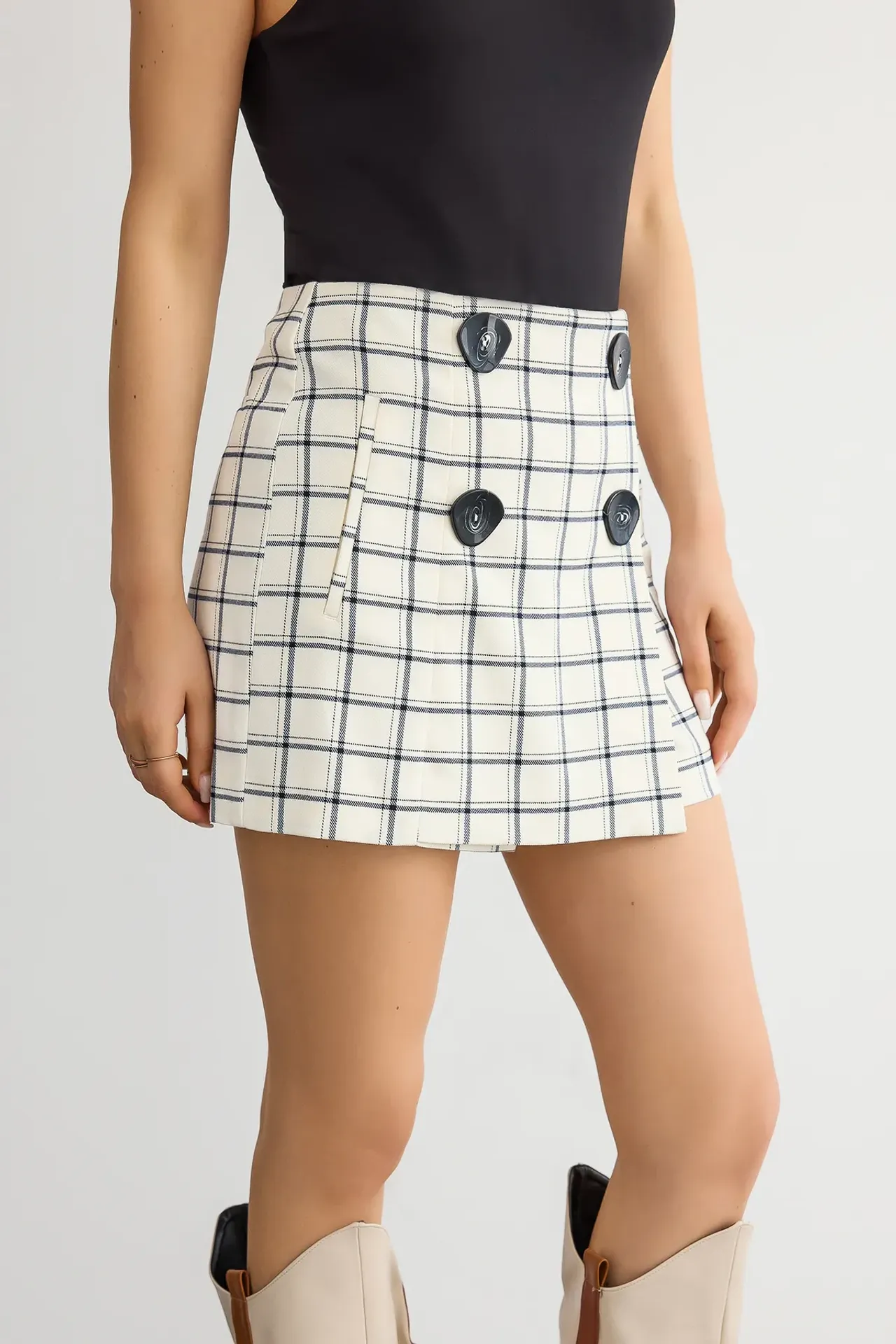 Checked High-Waist Button-Detail Mini Skort