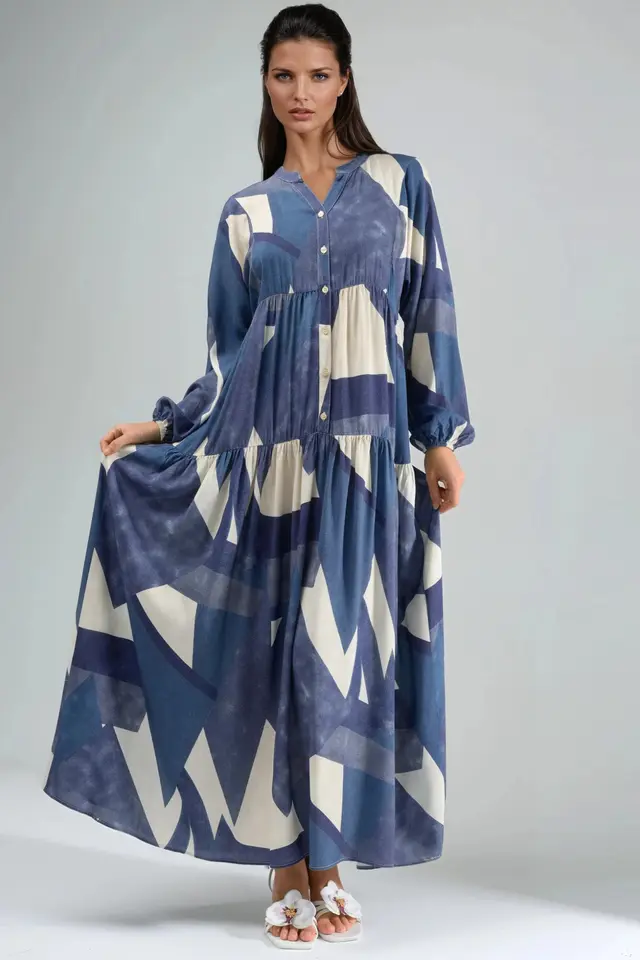 Printed Long Sleeve Viscose Maxi Dress 