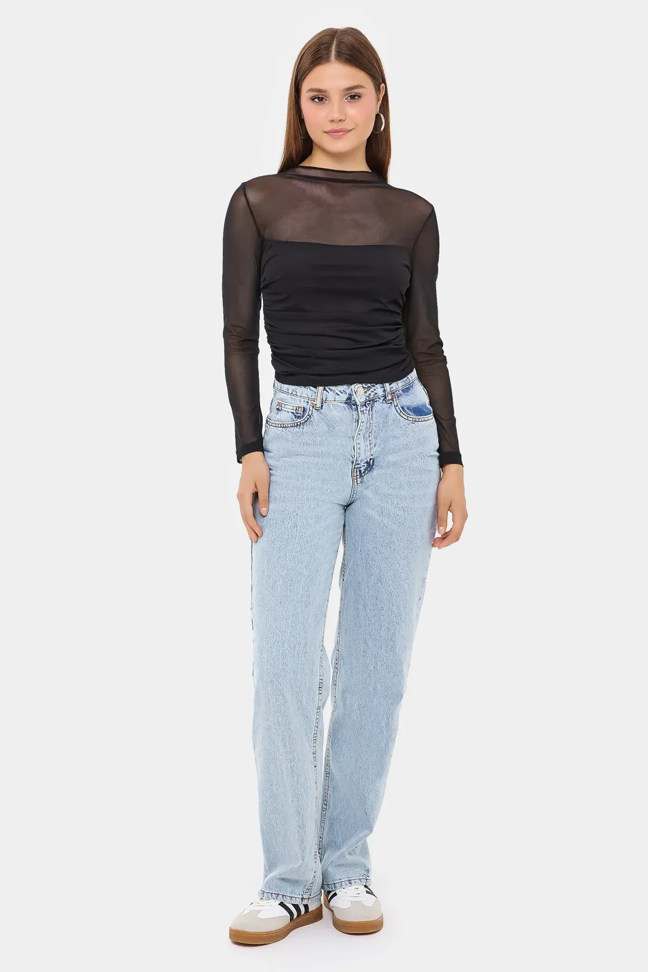 Mesh Cropped High-Neck Blouse with Ruched Detail