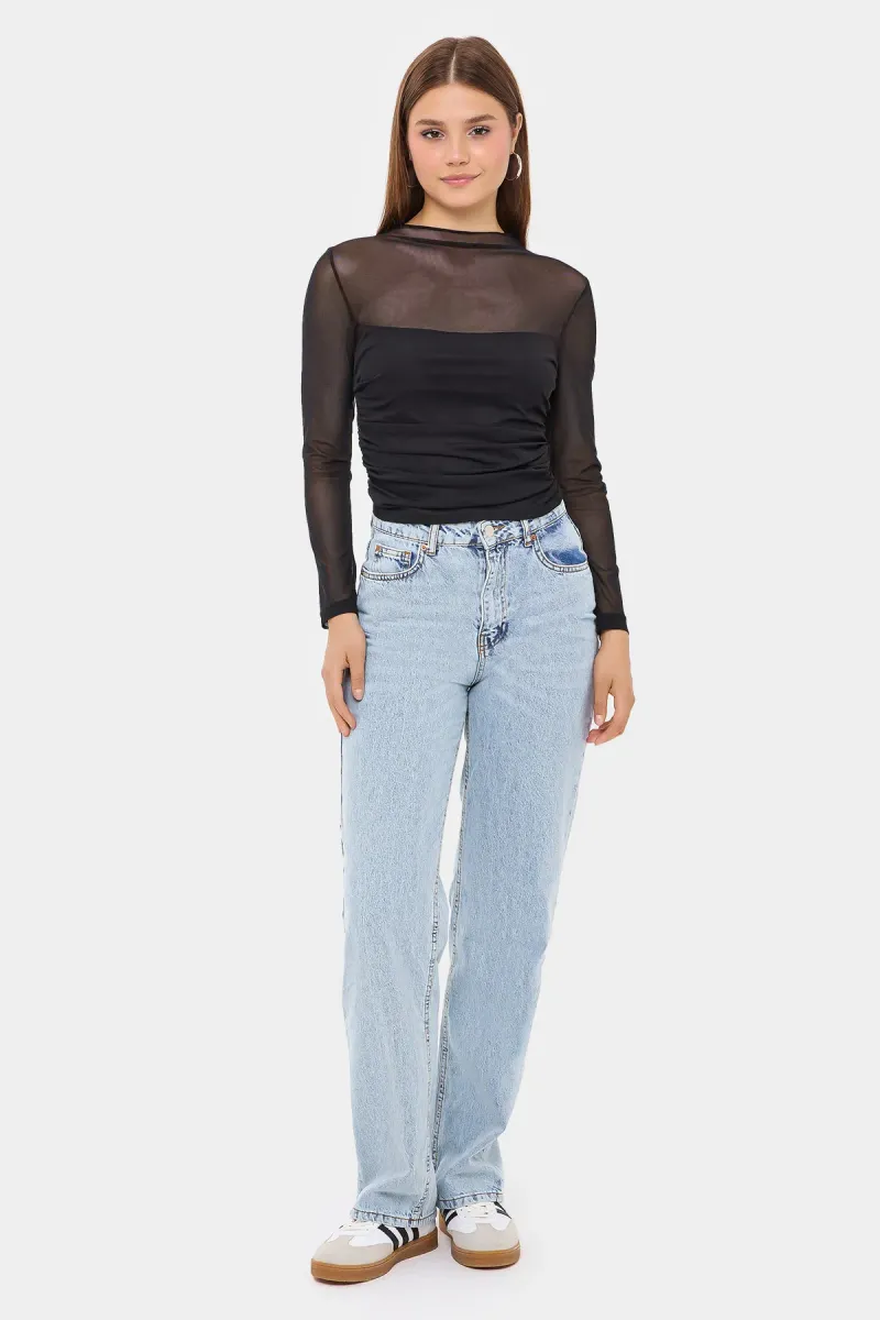 Mesh Cropped High-Neck Blouse with Ruched Detail 2