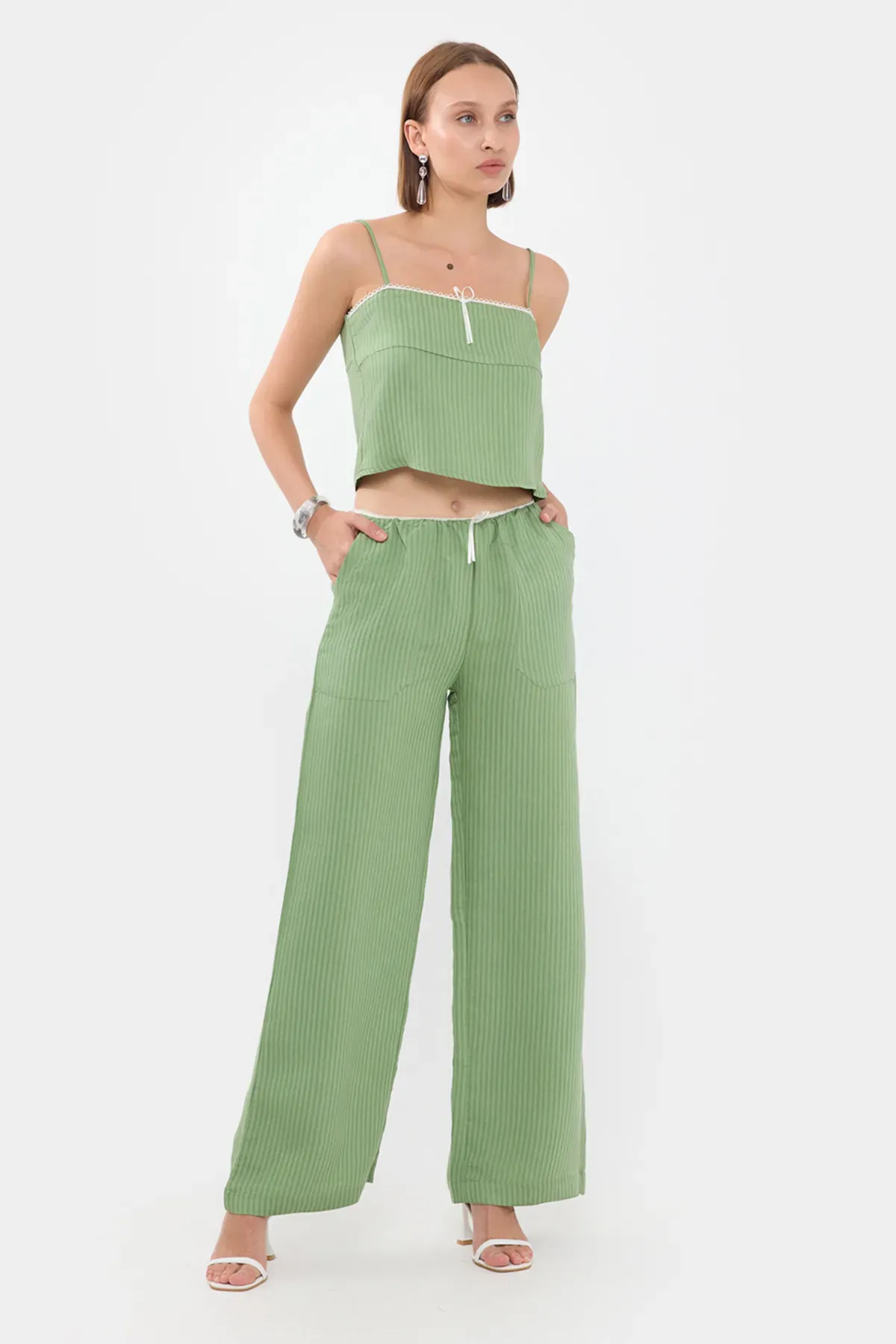 Striped High Waist Straight Leg Pajama Bottom with a Belt Detail 3