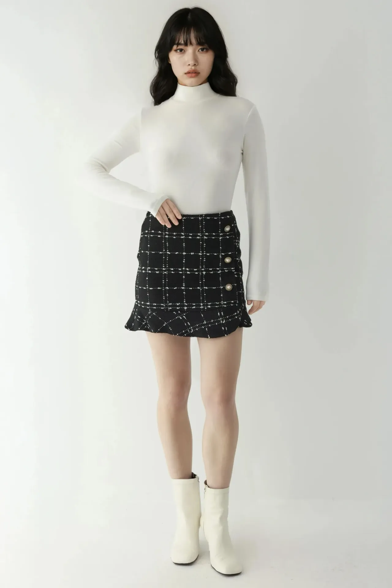 Ruffled Tweed Mini Skirt with Button Detail