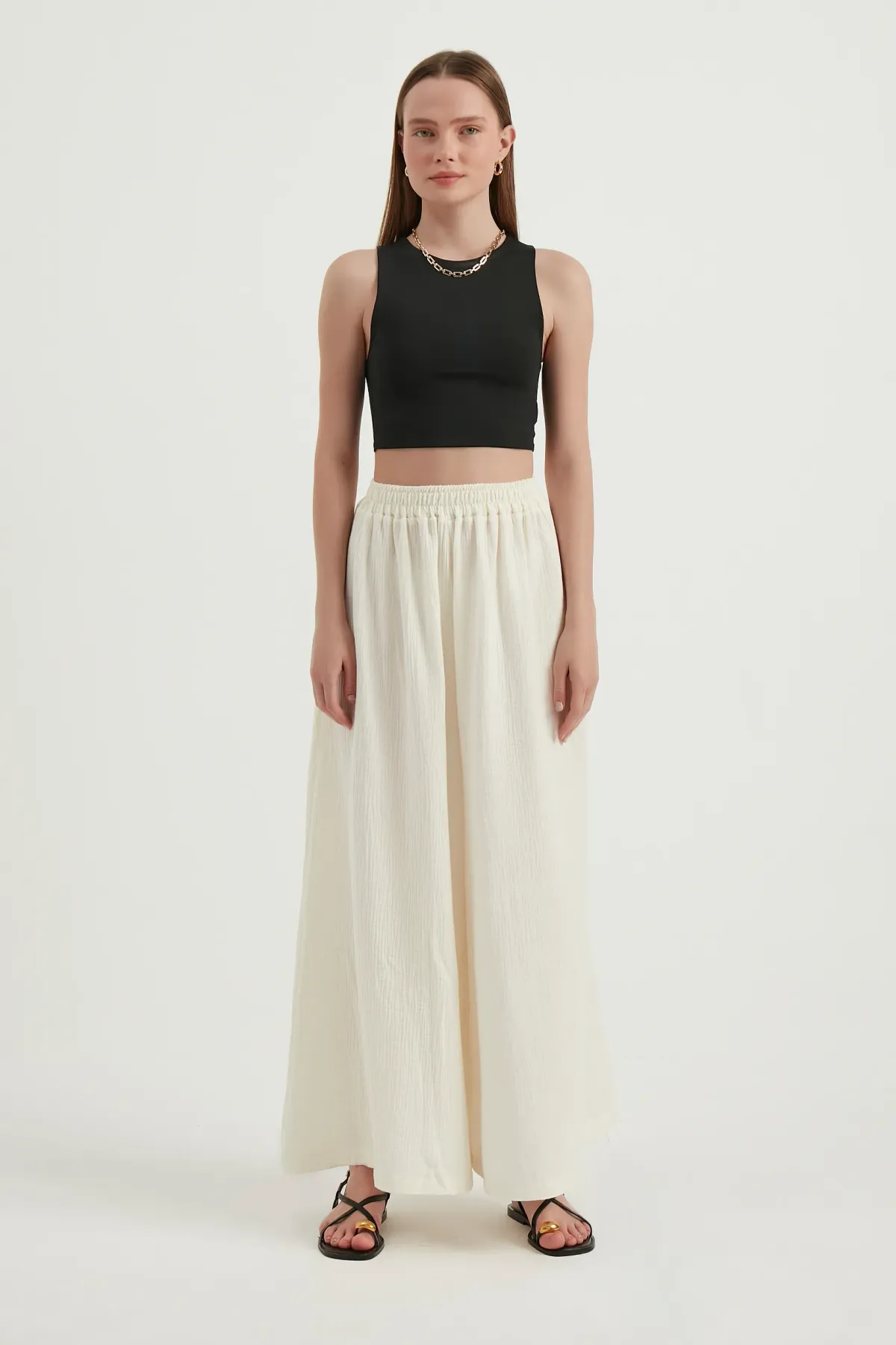 Linen High Waist Elastic Waist Super Wide Leg Trousers