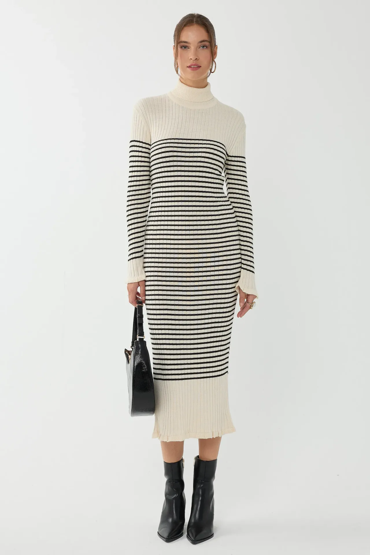 Striped Turtleneck Midi Knit Dress