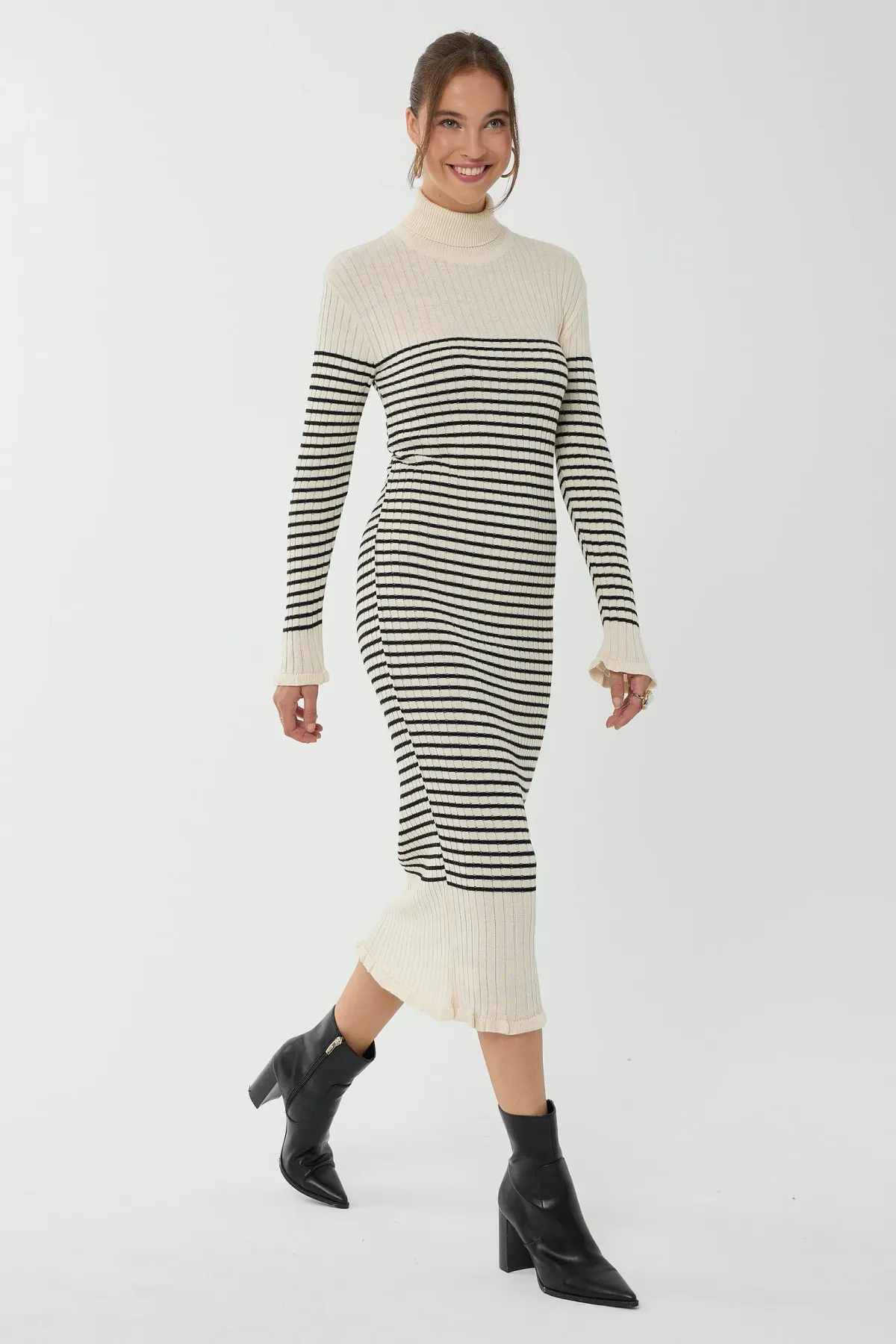 Striped Turtleneck Midi Knit Dress 3