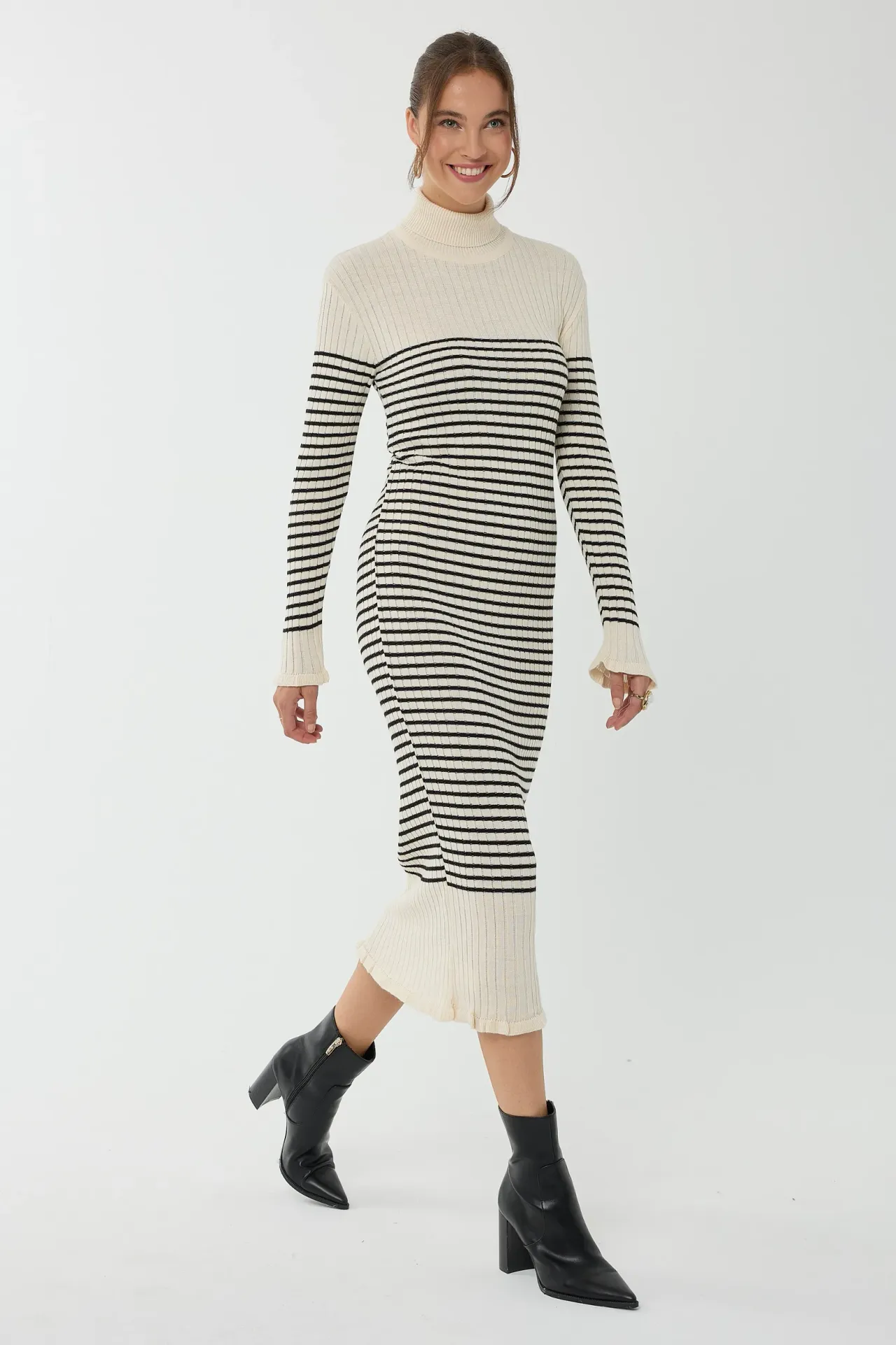 Striped Turtleneck Midi Knit Dress