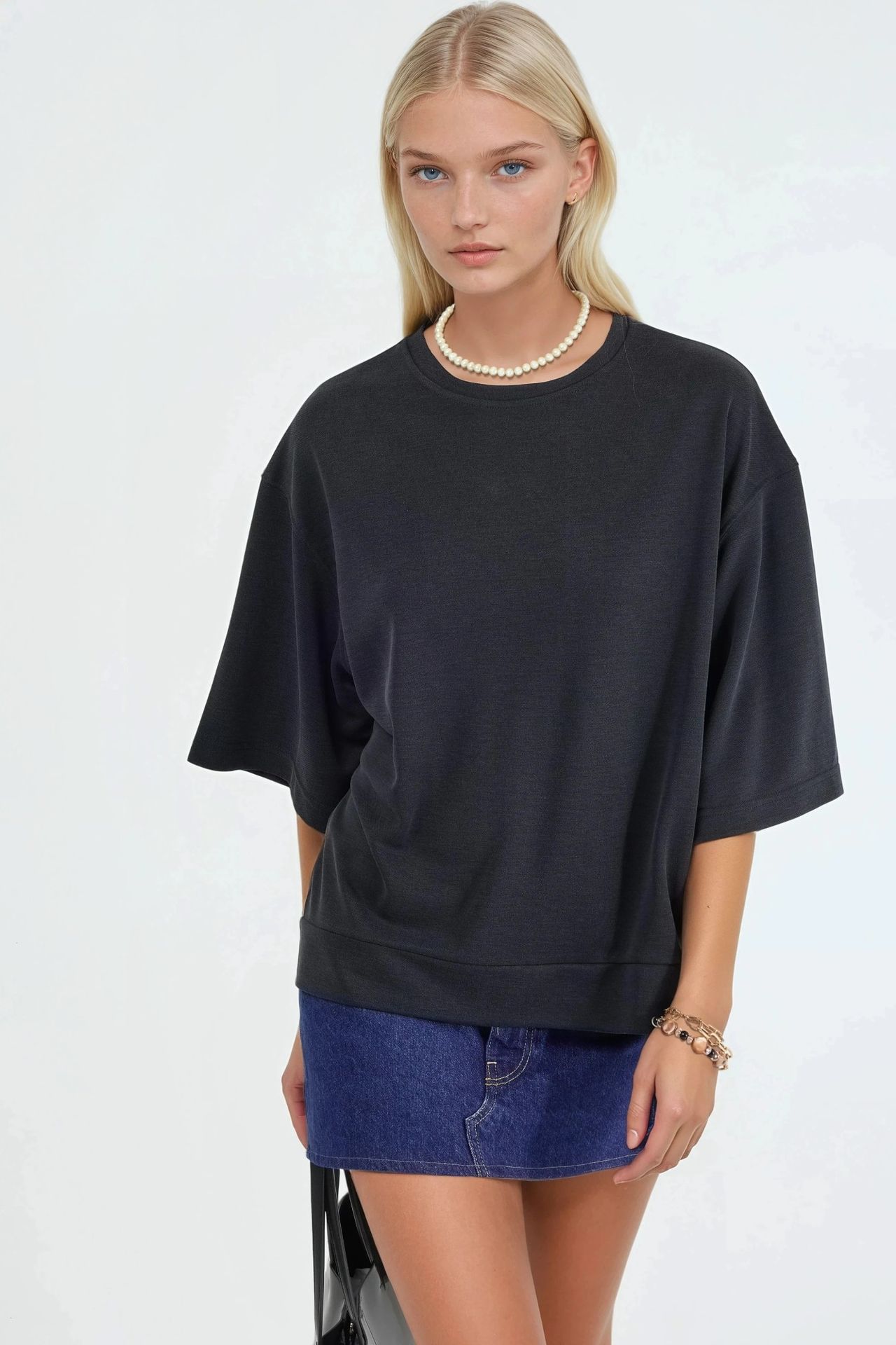 BUSEM Oversize Bisiklet Yaka Tişört 1