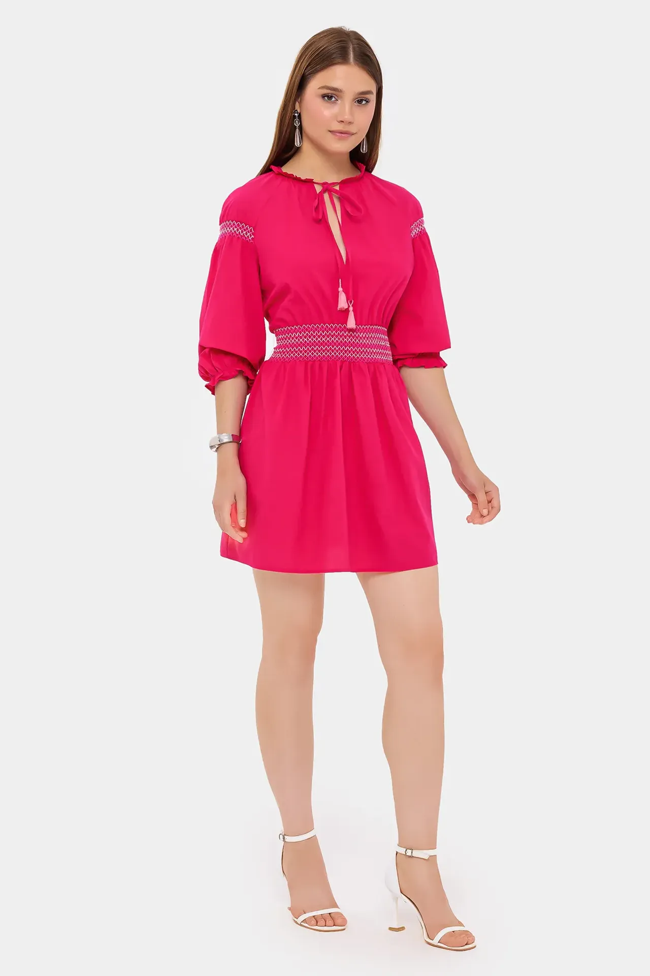 Round Neck Drawstring Mini Boho Dress with a Balloon Sleeves