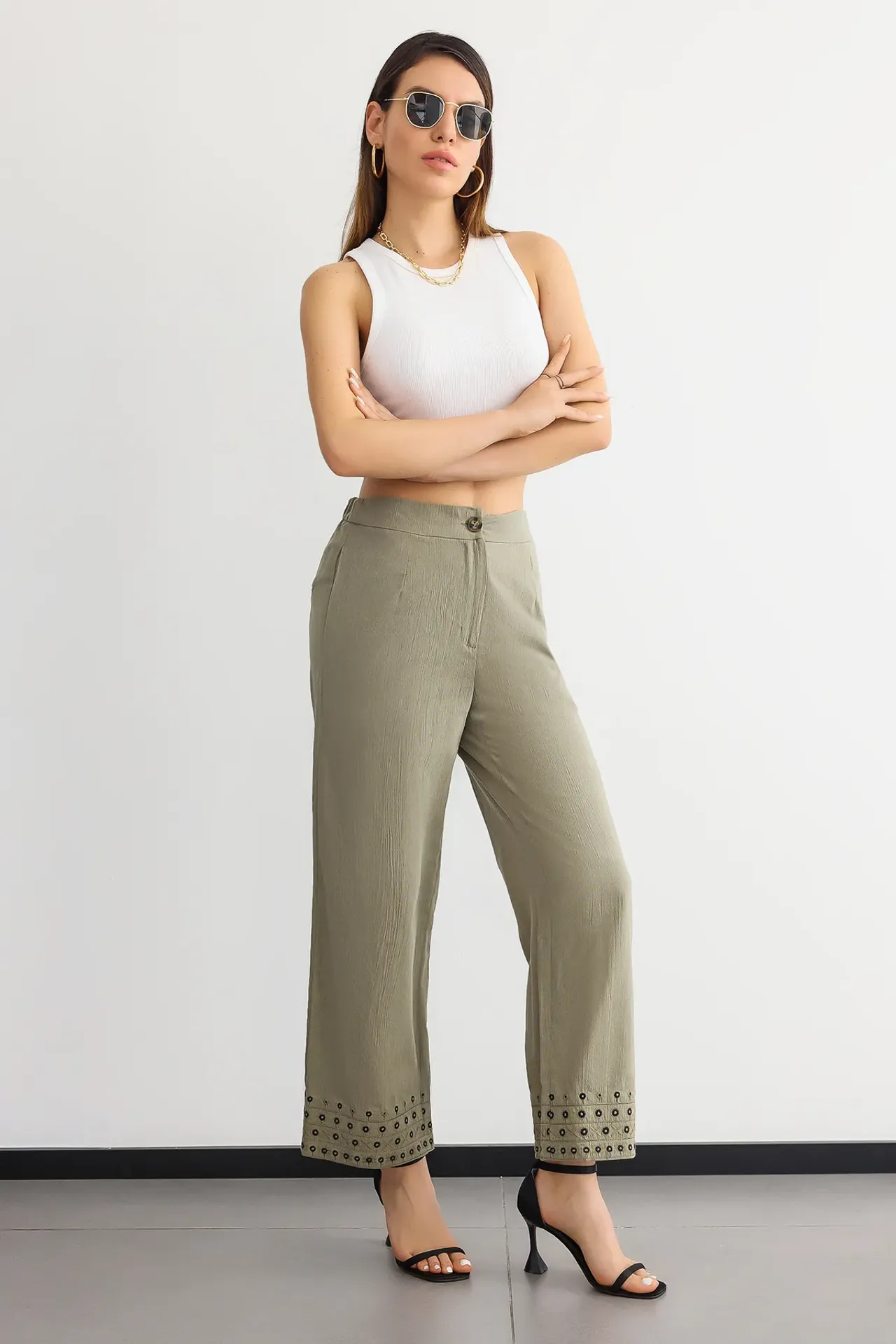 High-Waist Straight-Leg Trousers with Boho Details