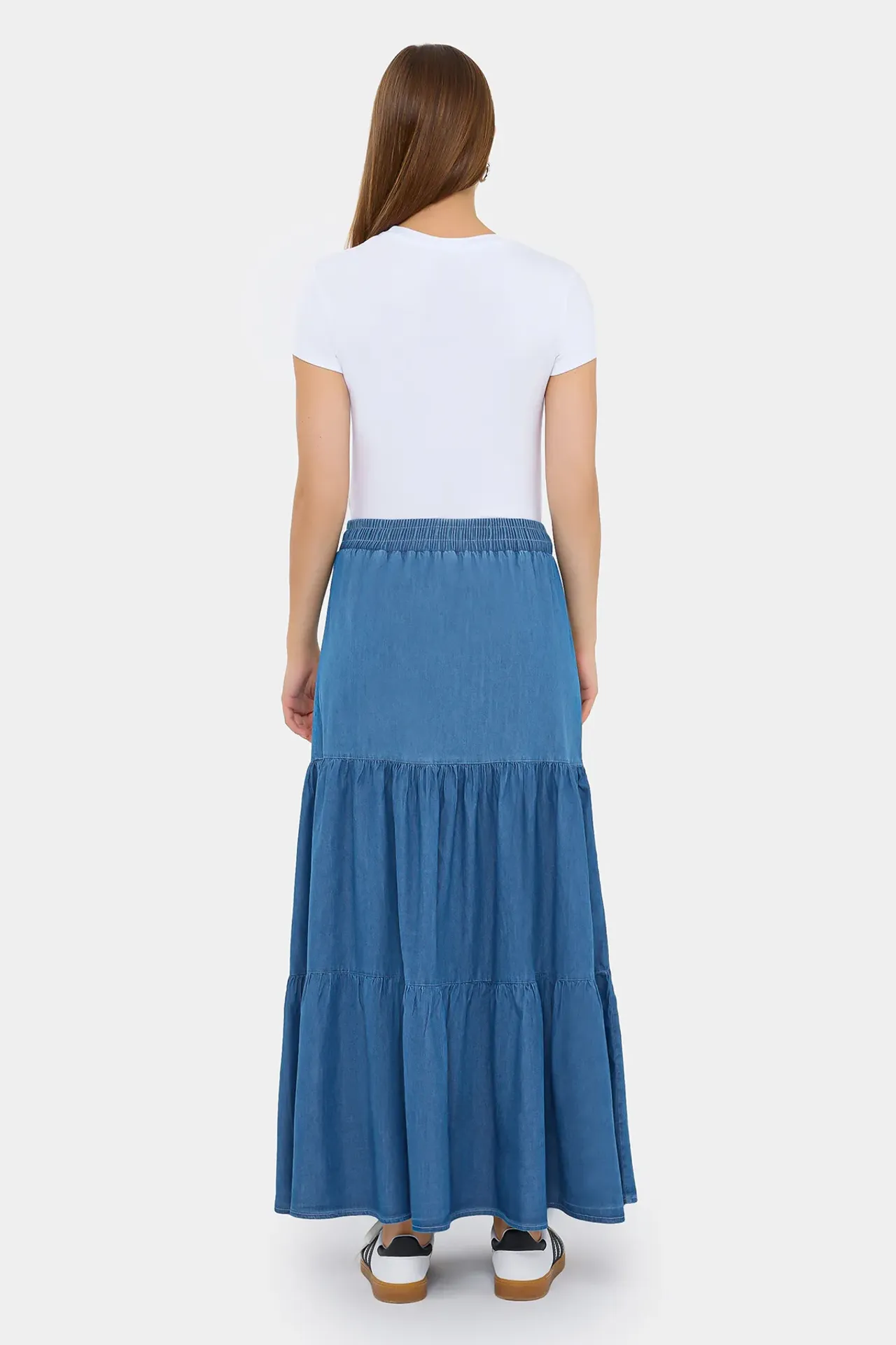 Denim-Look Maxi Skirt with Tiered Elastic Waist