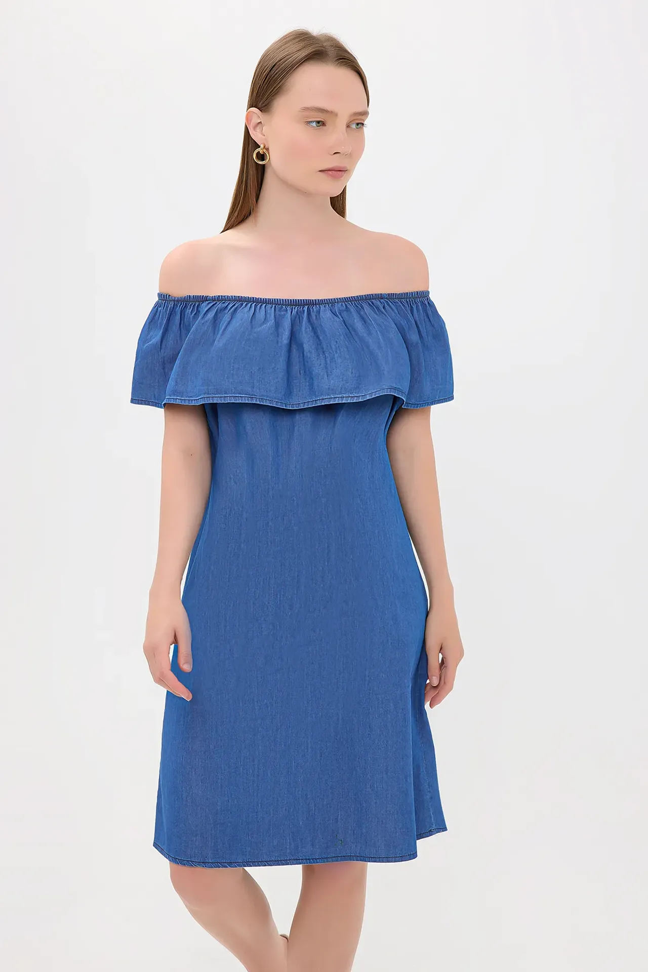 Denim Off Shoulder Ruffled Low Sleeve Midi Dress