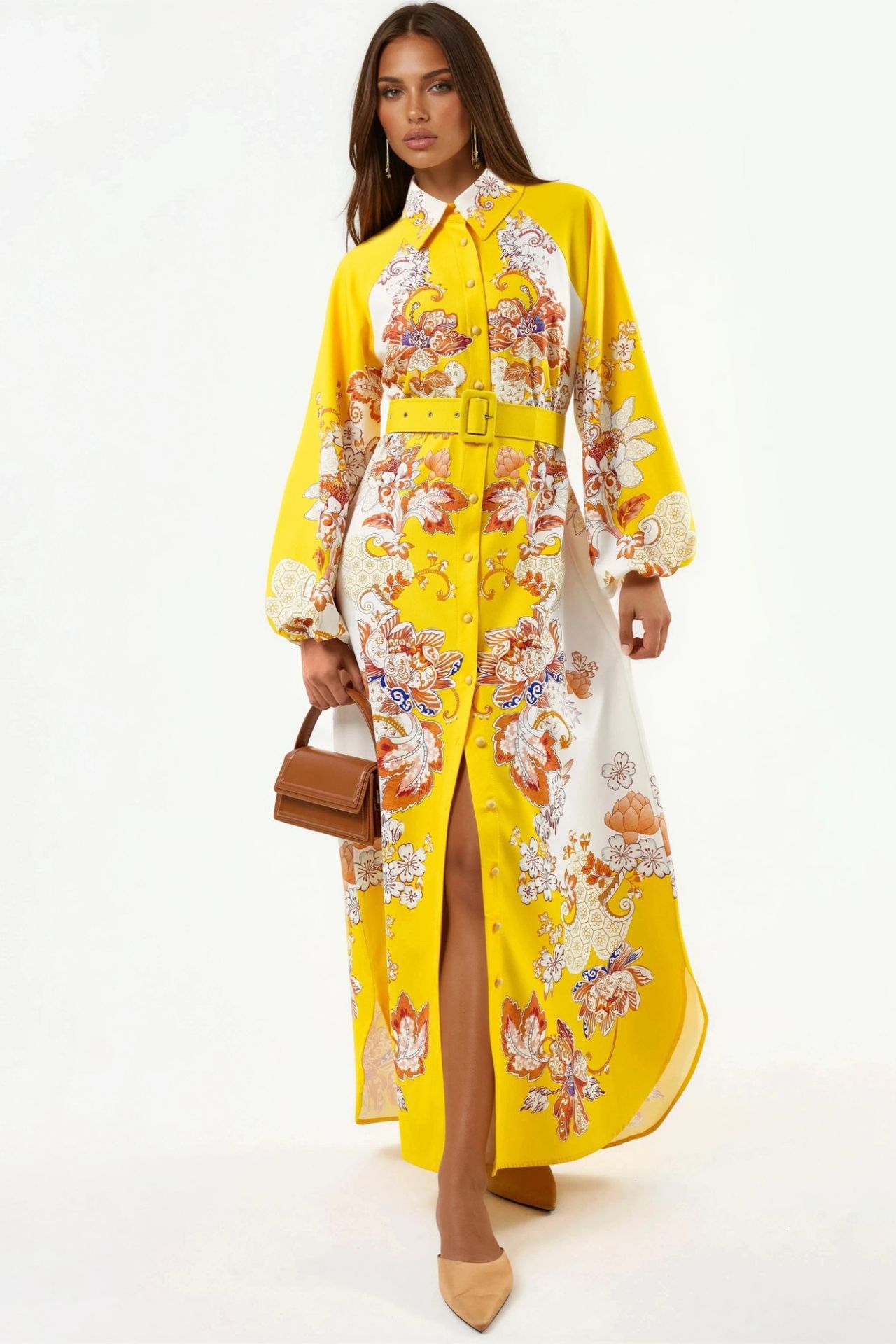 MSN Floral Maxi Dress with Shirt Collar and Tie Closure 1