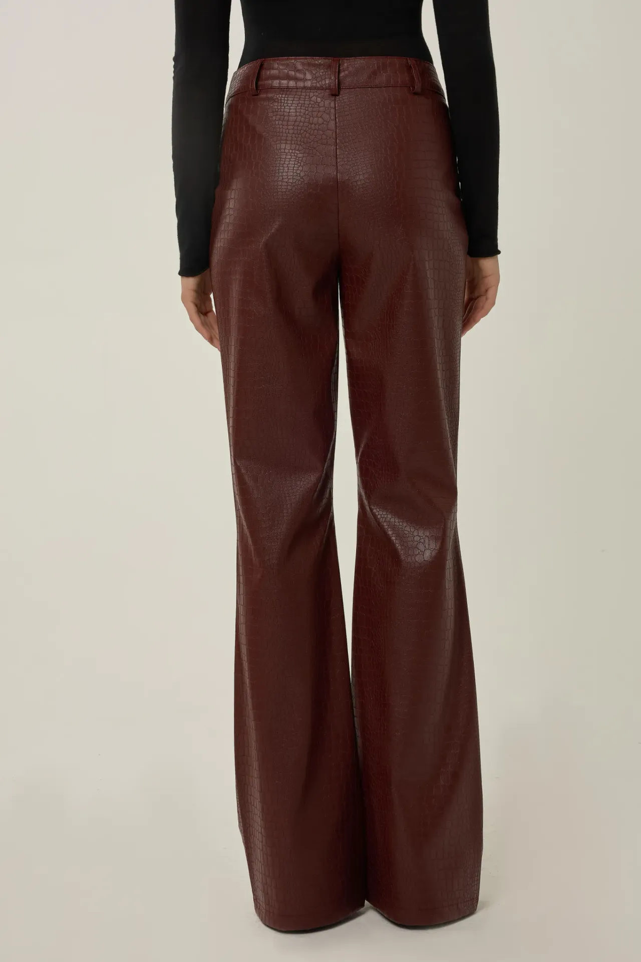  Snake Effect Faux Leather Flare Trousers