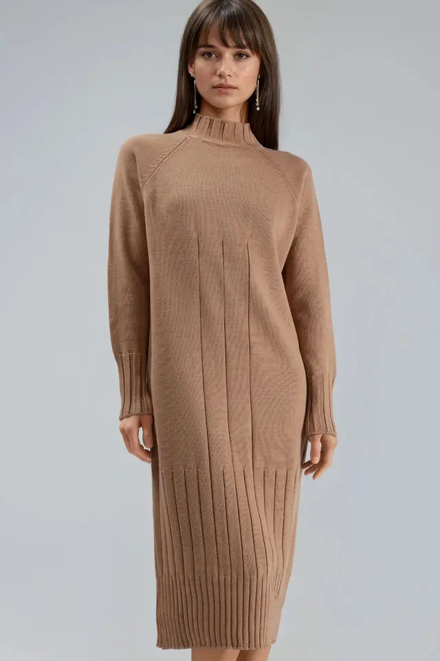 MY FASHION Dik Yaka Triko Midi Elbise
