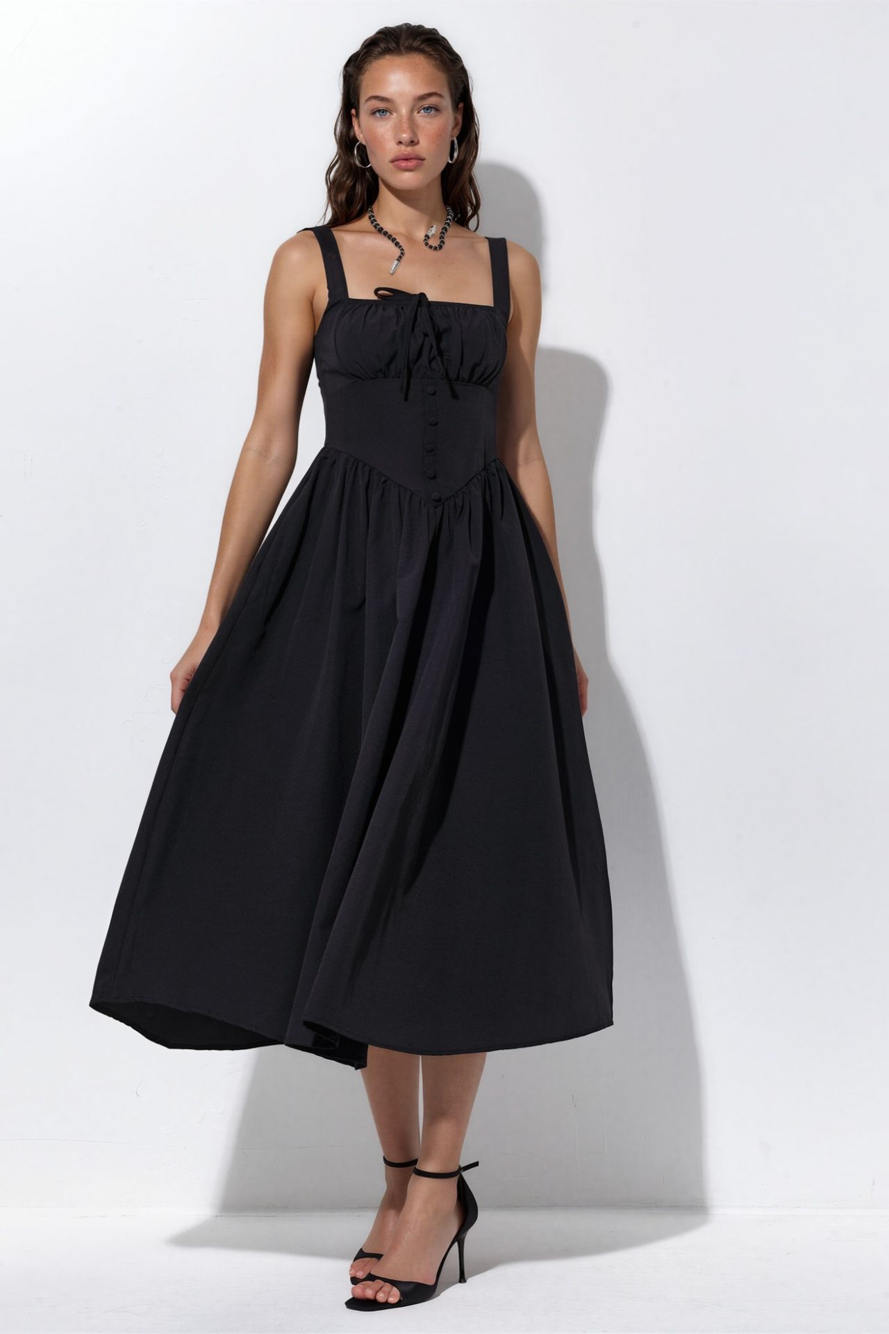 BUSEM Midi Dress with Square Collar and Button Detail 1