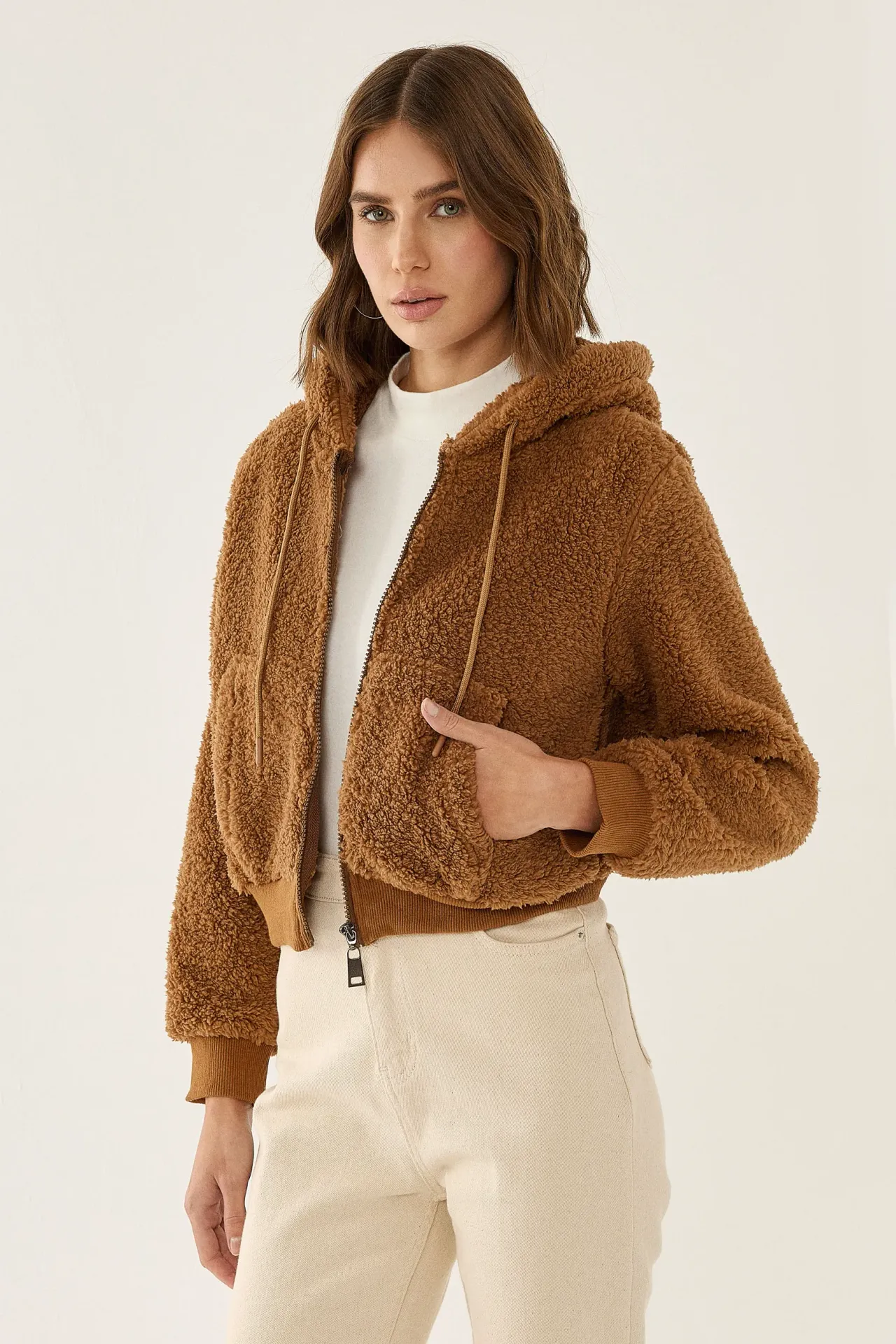 Plush Crop Jacket with Zipper Collar