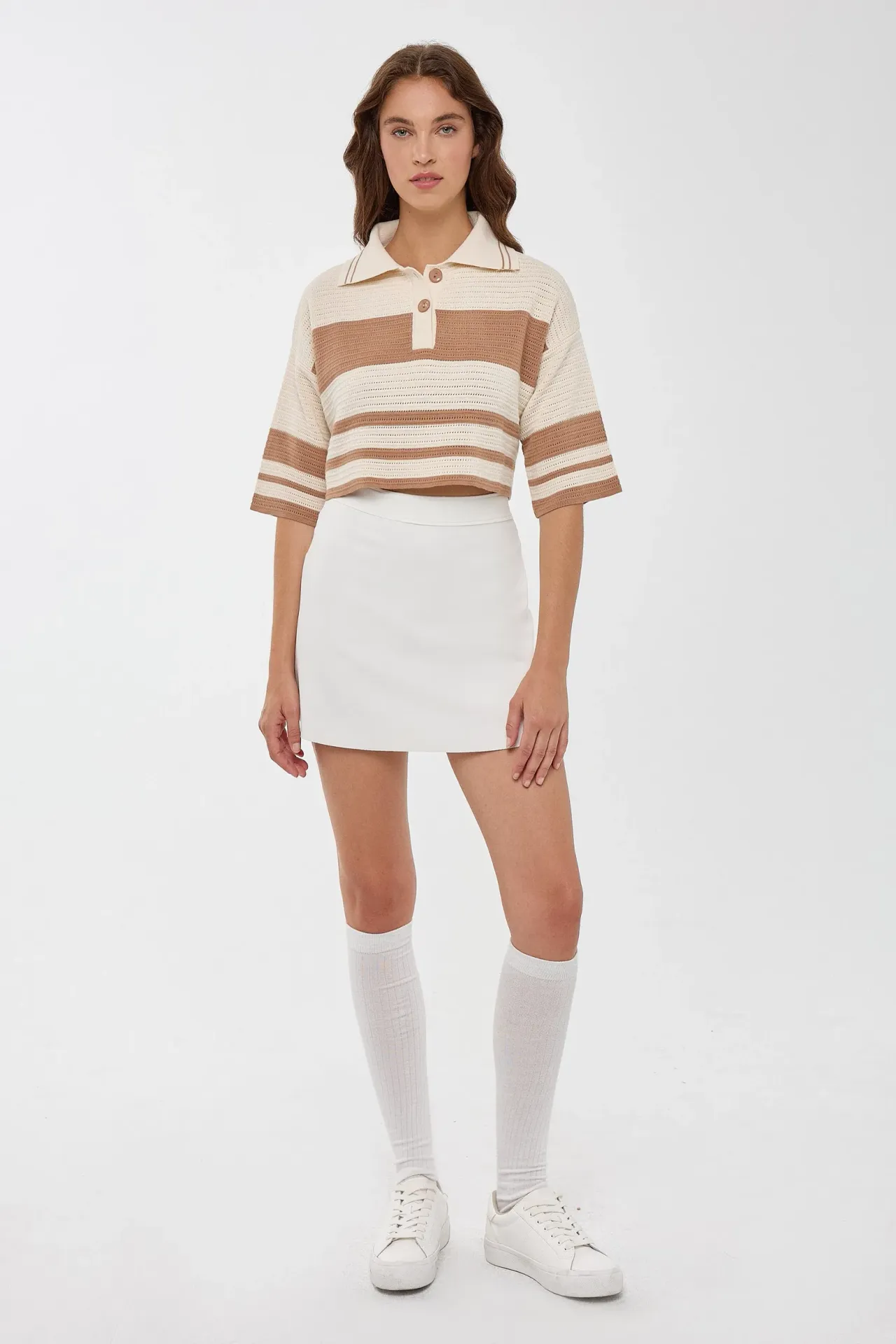 Striped Crop Sweater with Polo Shirt Collar