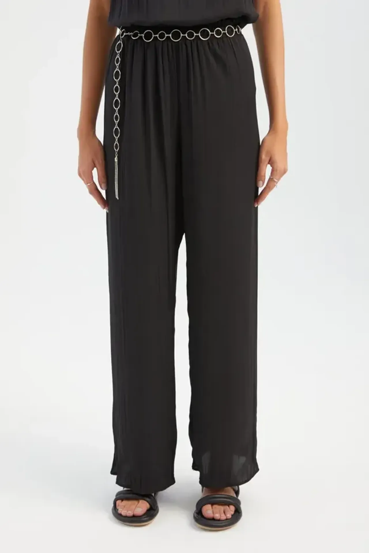 Plisse High Waist Straight Leg Trousers