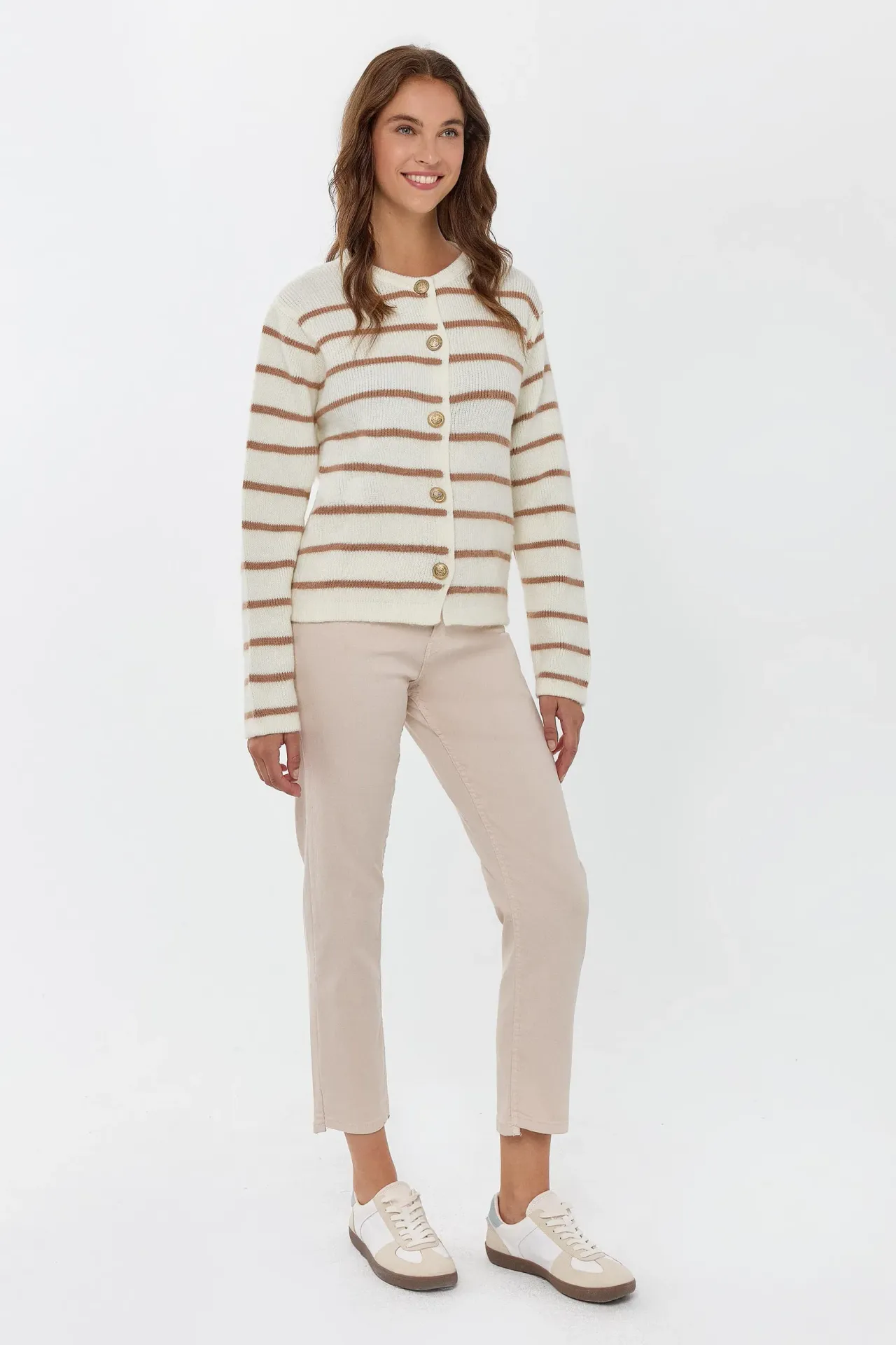 Striped Knit Cardigan with Crew Neck