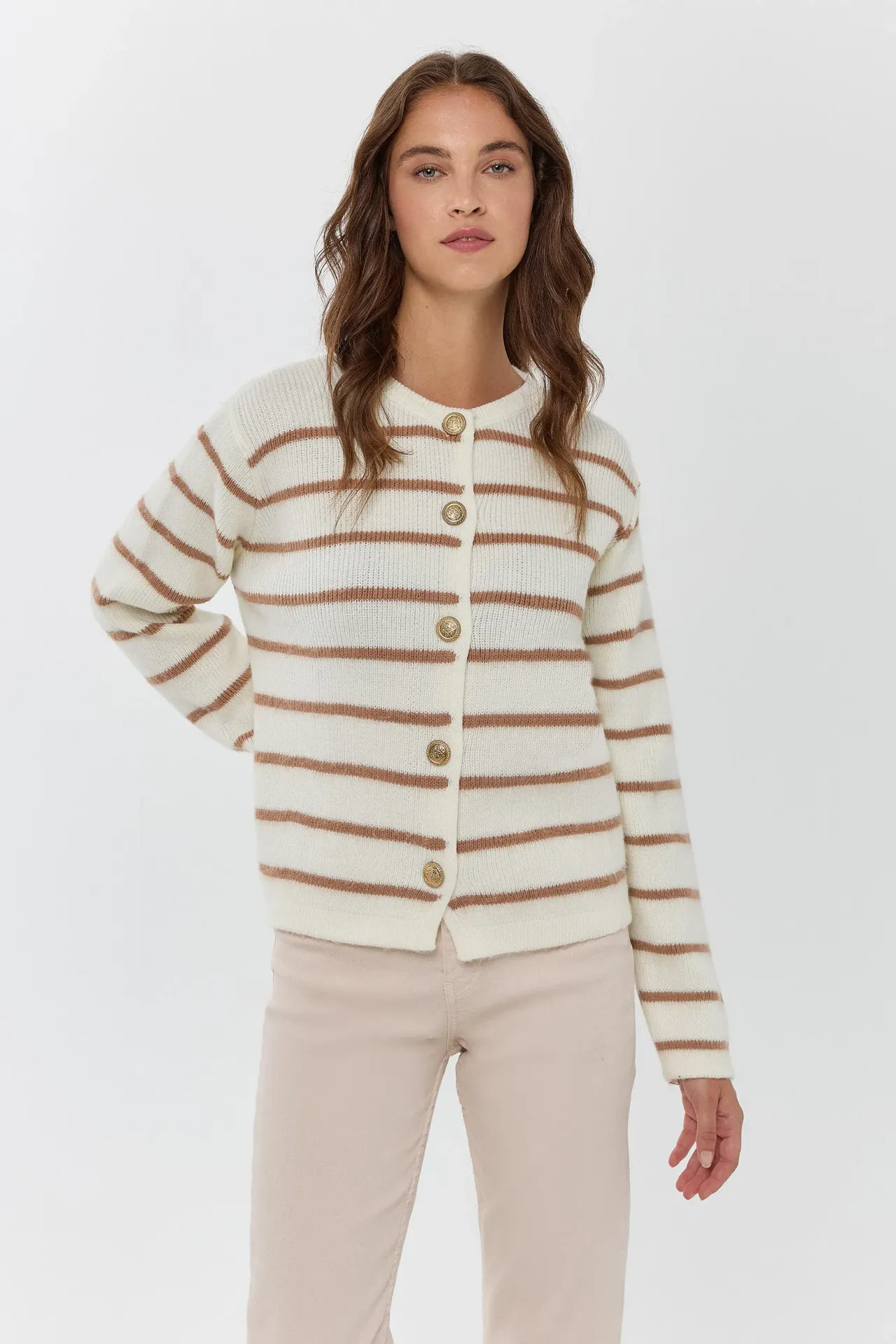 Striped Knit Cardigan with Crew Neck