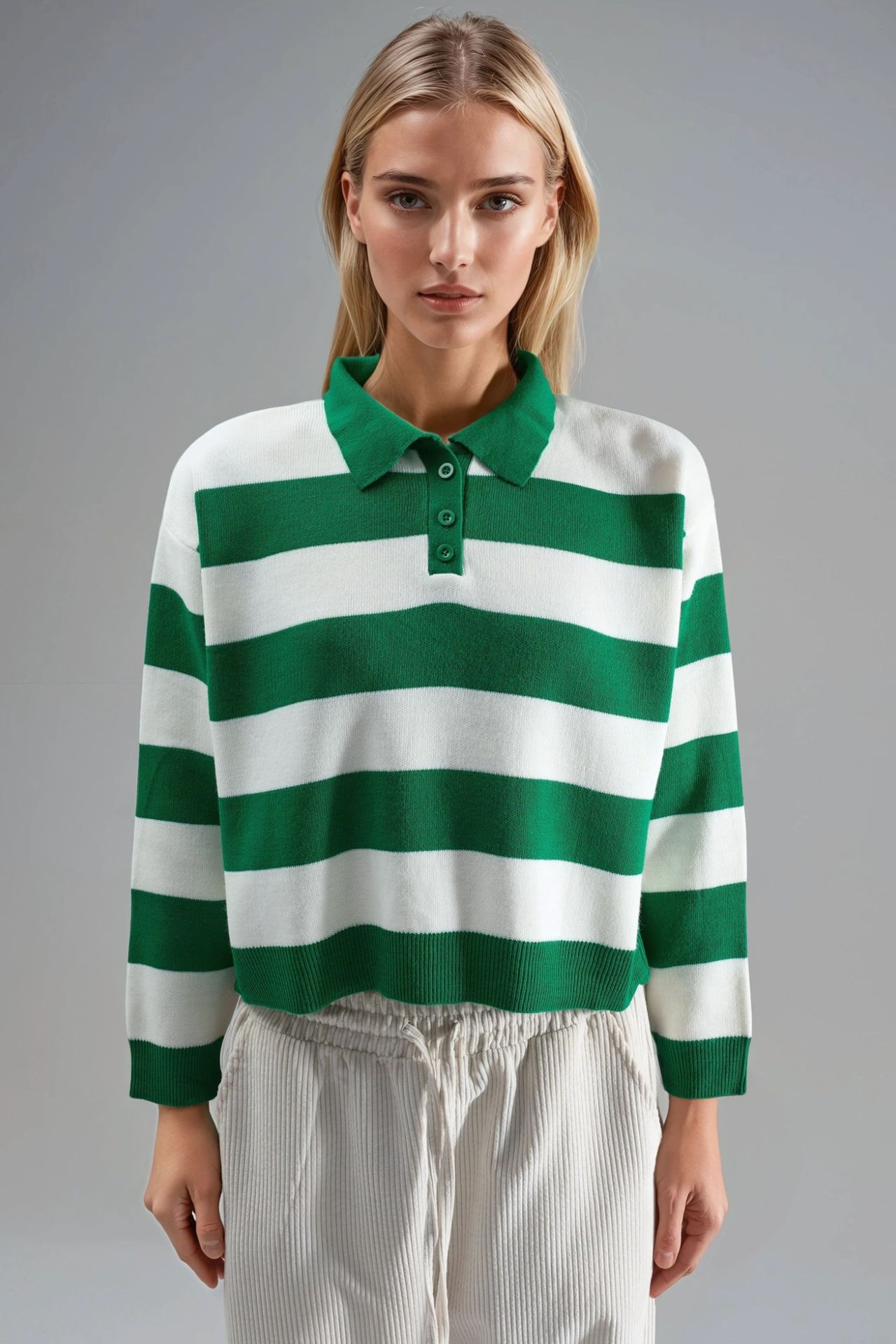 MY FASHION Striped Knit Polo Collar Sweater 7