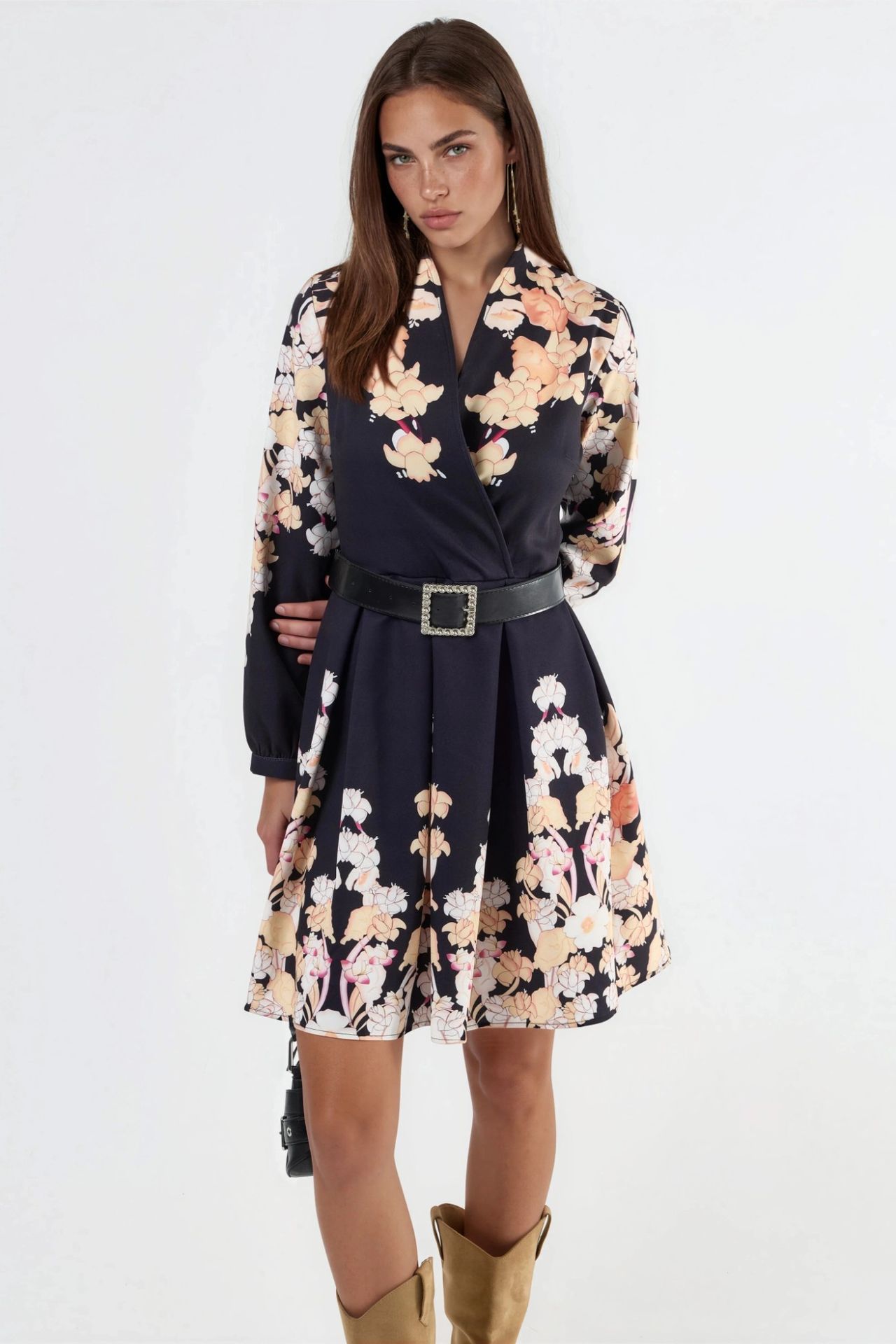 MSN Floral Print V-Neck Belted Mini Dress 1