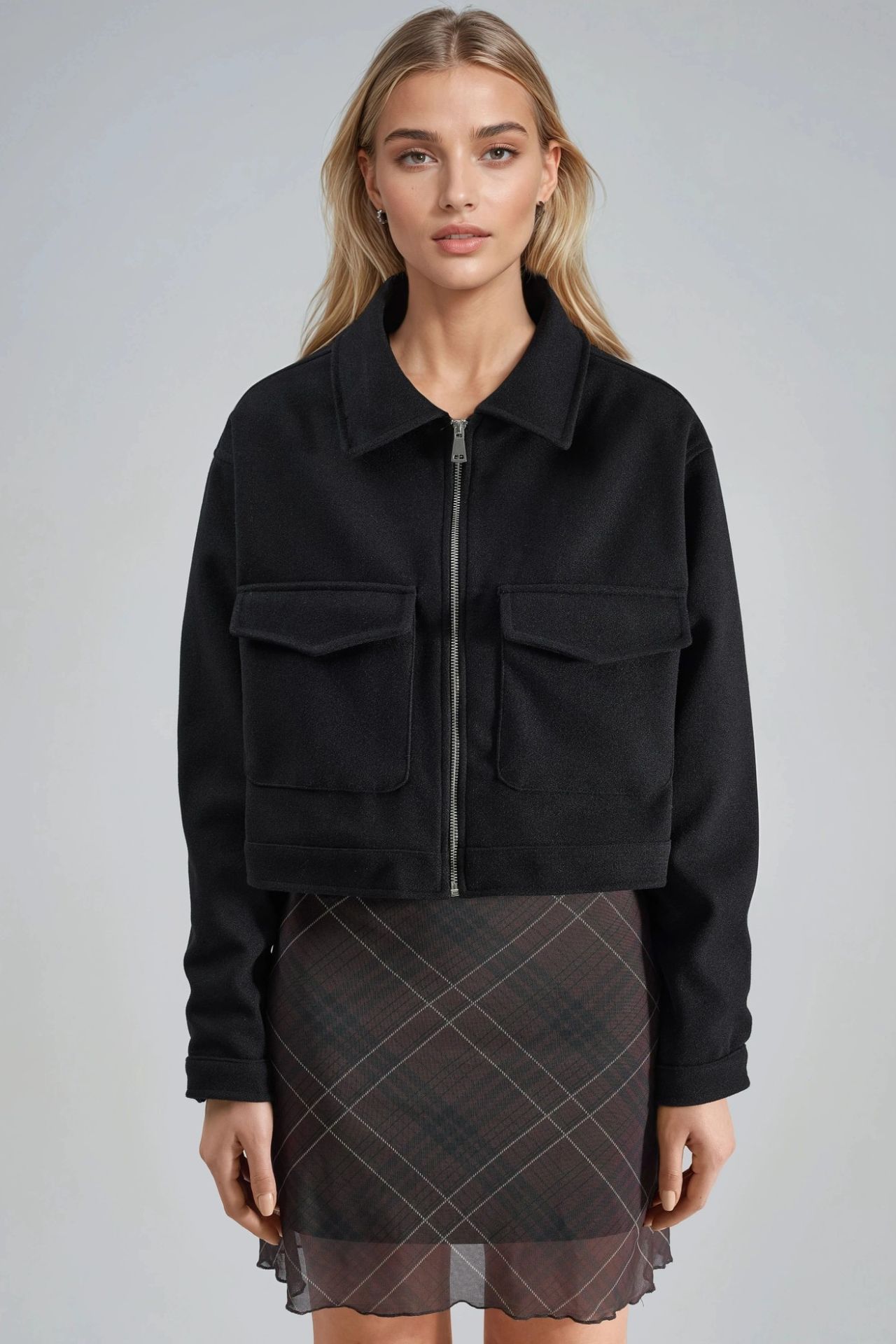 BUSEM Crop Gabardine Jacket with Zipper and Pocket 7
