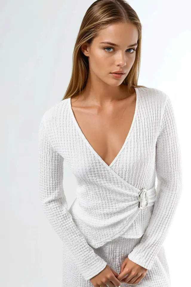 BUSEM Textured V-Neck Wrap Top with Belt