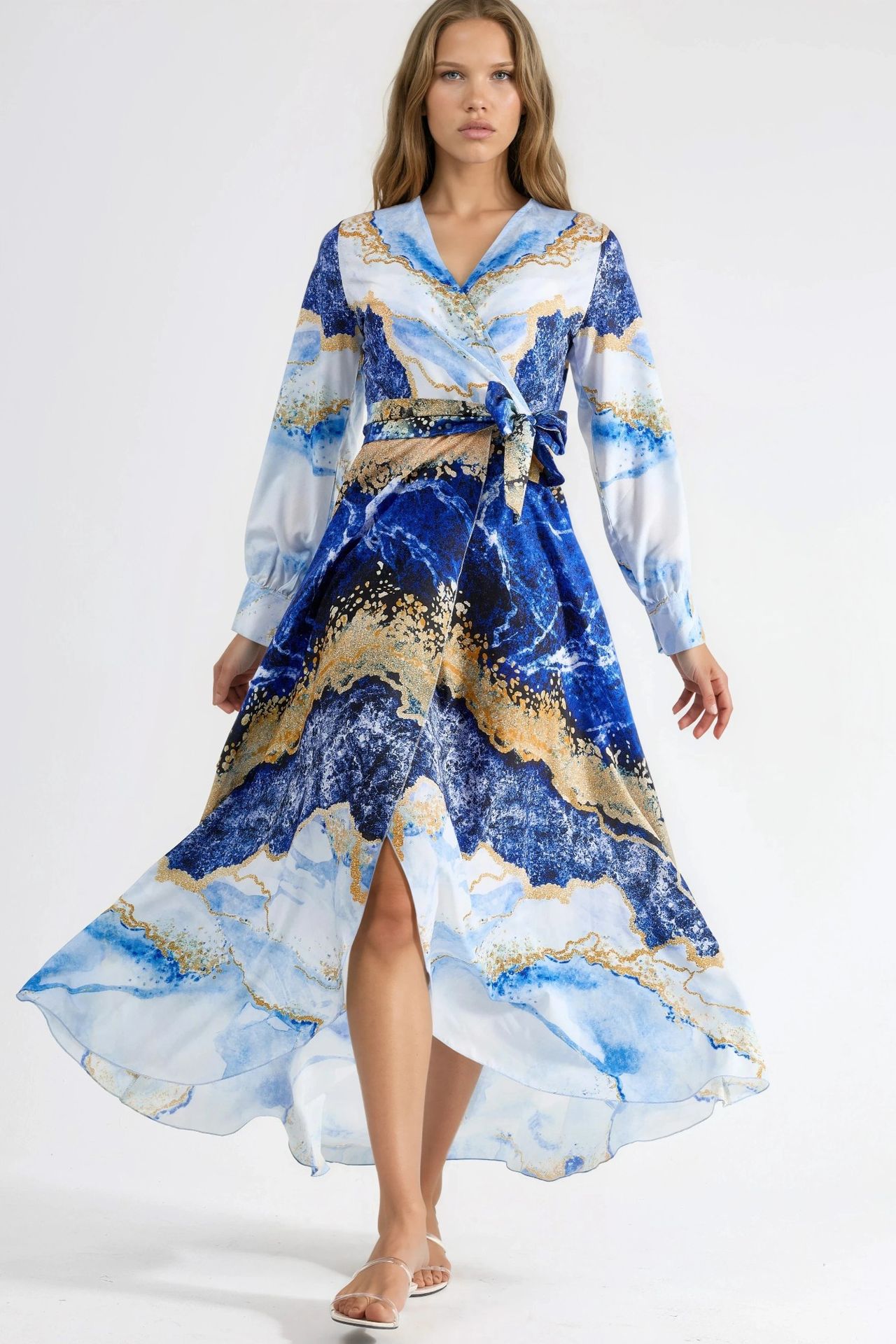 MSN Abstract Print Long Sleeve Maxi Dress with Tie Detail 1
