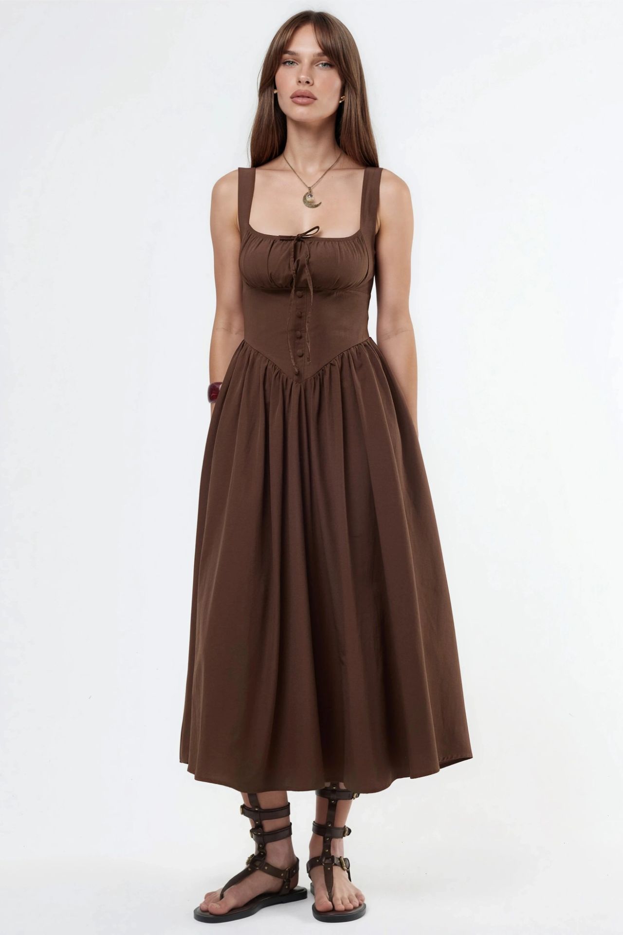 BUSEM Midi Dress with Square Collar and Button Detail