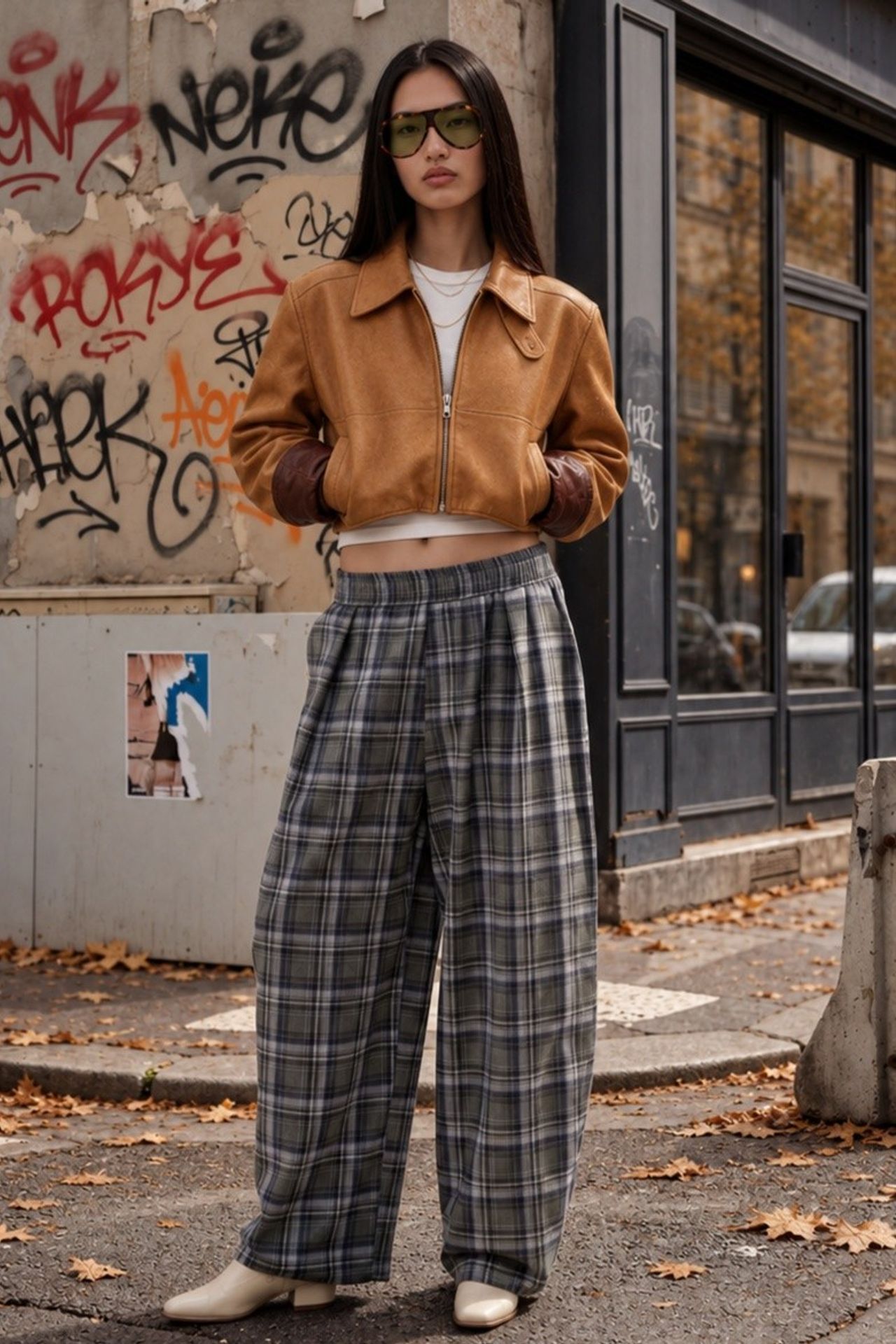 Elastic Waist Pocket Detail Plaid Pants 1