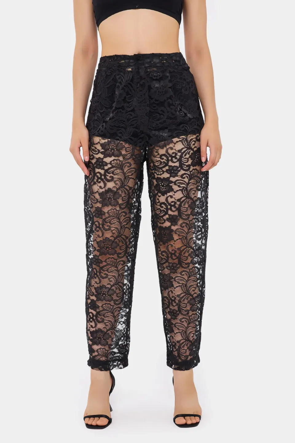 High-Waist Lace Trousers with Mesh Detail