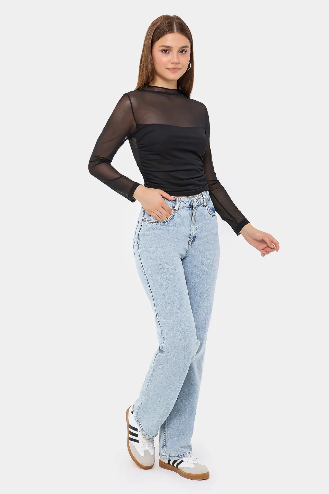 Mesh Cropped High-Neck Blouse with Ruched Detail