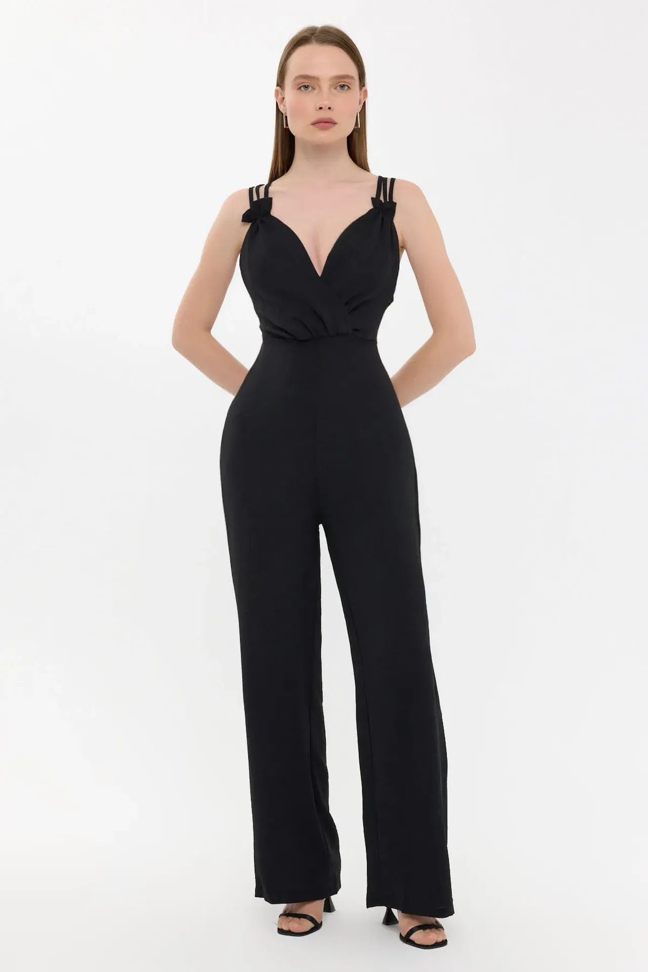 V Neck Wide-Leg Jumpsuit with Tie Detail