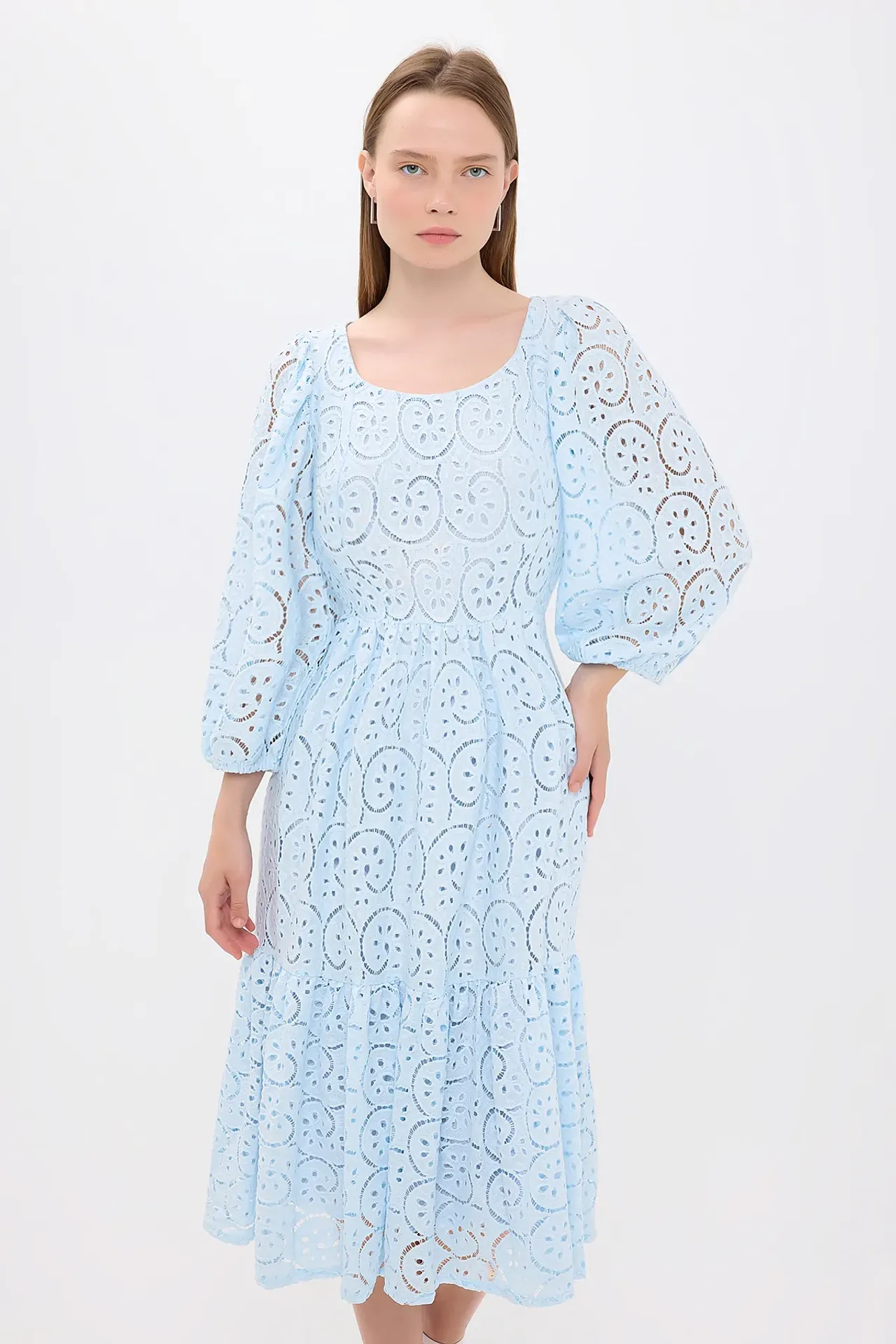 Long Sleeve Woven Round Neck Midi Dress