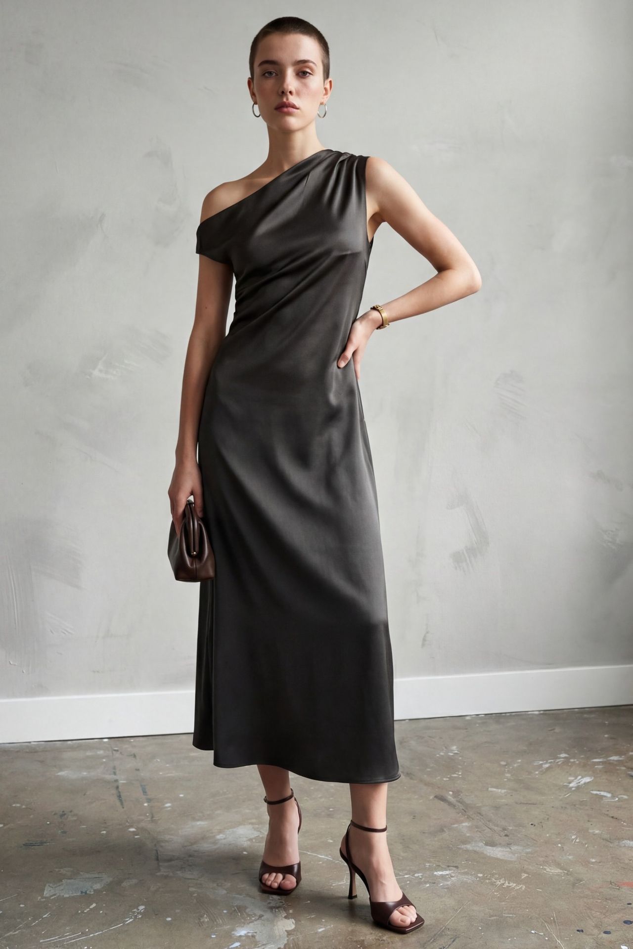 MY FASHION Asymmetrical Off Shoulder Satin Maxi Dress 1