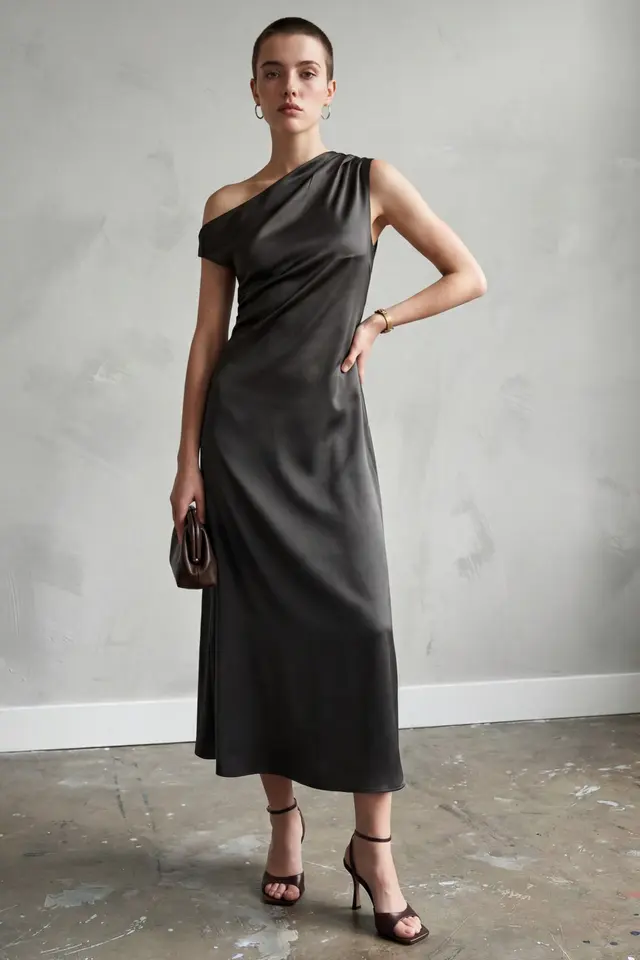 MY FASHION Asymmetrical Off Shoulder Satin Maxi Dress